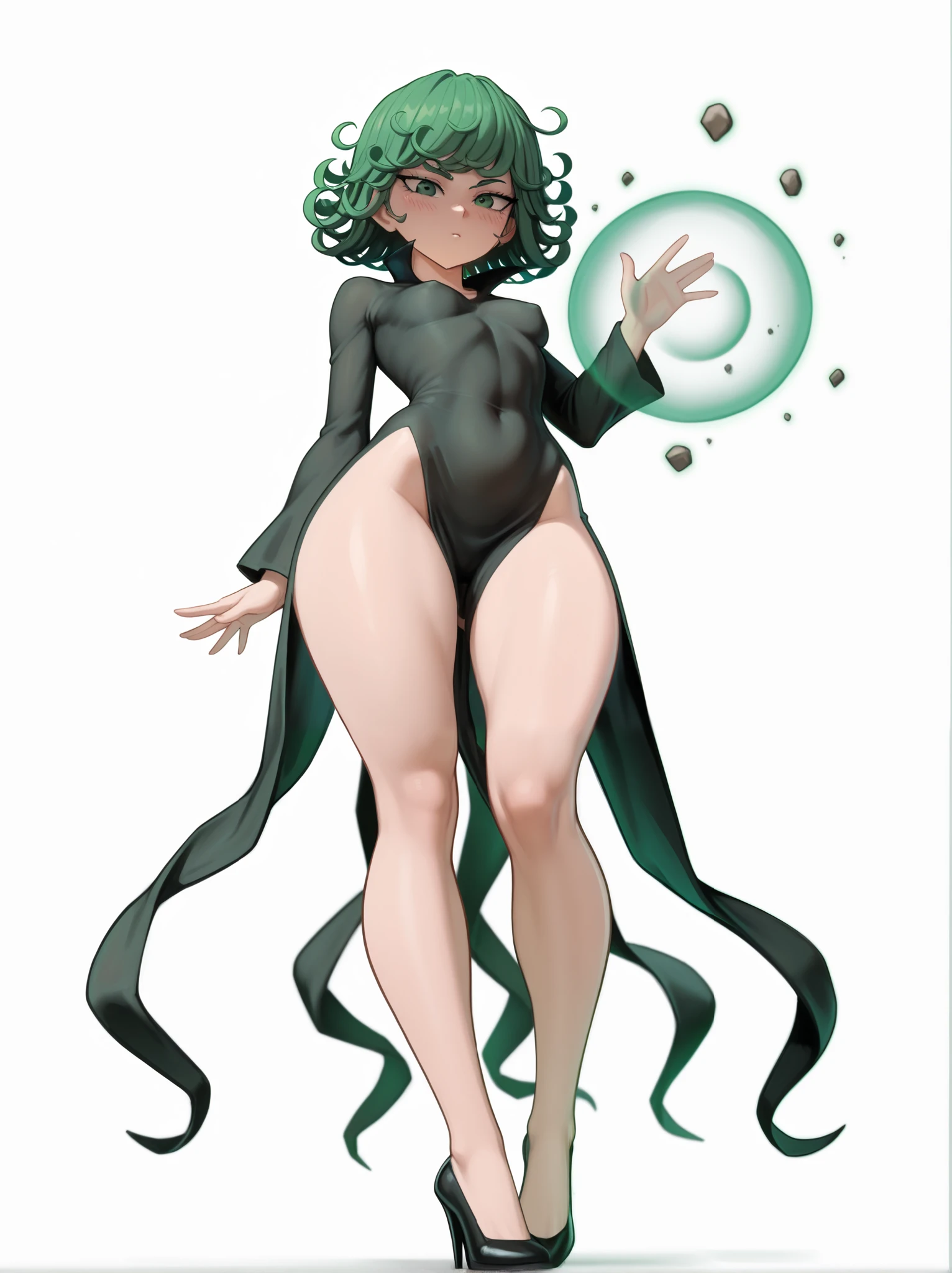 1 , alone, Green Eyes Pants, curly hair , green hair, fringe, Blush, Hair tossed, short hair, small breasts, thighs, long sleeves, dress, pelvic curtain , black dress, covered navel , (transparent, degree of transparency 60 %) detailed face、 small breasts、revealing Body, high detail, meaty thighs, perna alta, ass visible through thighs, telekinesis, high heels , tatsumaki, One Punch Man, pornographic posture , seductive posture , nsfw, full Body, looking at the spectator , standing, open legs, waving, waving arms, looking at the spectator , white background, simple background, highly rendered , Body ((curved:1.3)), viewing the viewer from below, viewing below , Body (finalized:1.3), looking at the spectator , Expose, eventually revealed from below , pelvic curtain , dress, ass visible through thighs and frontal