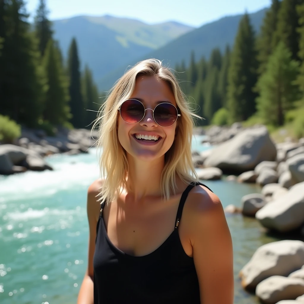 Da ist eine Frau, die mit einem Handy ein Selfie macht, pewdiepie selfie at a bridge, neben einem kleinen Fluss, Selfie, aufgenommen aus geradem Winkel, an einem Fluss, neben einem Wasserfall, through which a river flows, Fluss im Hintergrund, on a bridge, Fluss vor sich, Sweaty and disgusting pioneering work, Selfie-Foto, naked breasts