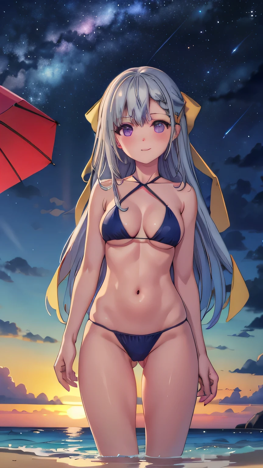 perfect quality, amazing quality, very aesthetic, absurdres, newest, Tactical use of shadow, 1girl, solo, long hair, side-tiebikinibottom, wet, swimsuit, bikini, wetclothes, sky, shirt, lookingatviewer, breasts, blush, see-through, wetshirt, star(sky), partedlips, collarbone, outdoors, starrysky, halterneck, dutchangle, stringbikini, onesideup, night, armsbehindback, whiteshirt, bluebikini, bikiniunderclothes, smile, nightsky, umbrella, sunset, beachumbrella, stripedbikini, cloud, largebreasts, standing, leaningforward, stripedclothes, water, navel, mediumbreasts, cleavage, thighs, EtherStyle, Cinematic Lighting, high quality, masterpiece, best quality