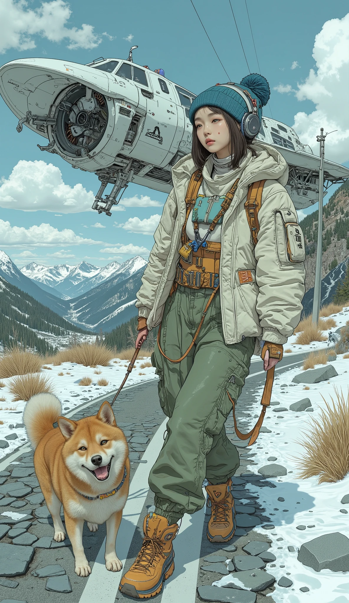 Surrealism  ,  artwork, 8K quality, UFoto cute high school girl who crash-landed while walking with her dog on a mountain road, Shiba Inu、 A high school girl wearing an off-white down jacket and loose moss green cargo pants, blue knit cap、 headphones、Trekking boots、 Colorful Accessories、  anatomically accurate、