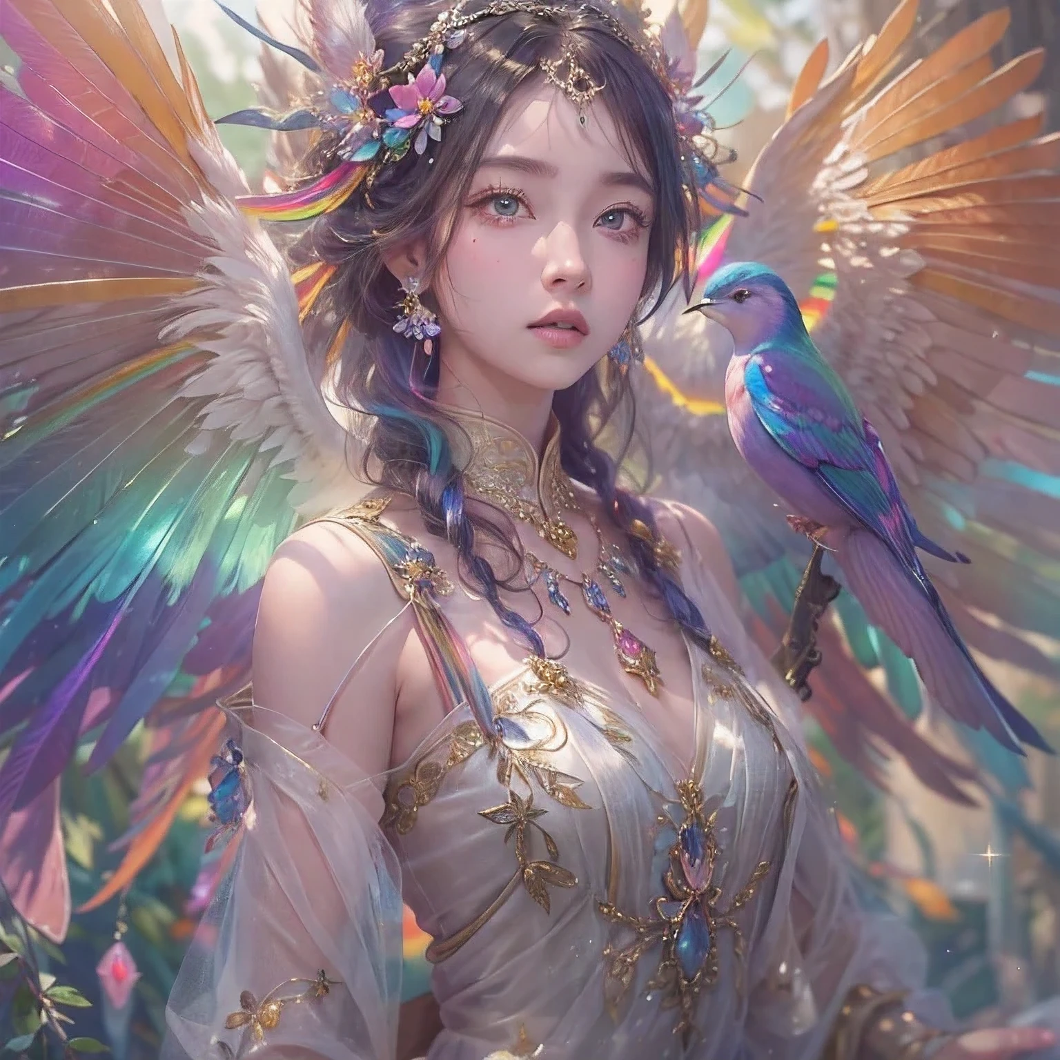 32K, 最高quality, 最高masterpiece, (ultra-Detailed Background, Detailed Background), Absurd, High resolution, Super detailed, Very detailedな, One girl, (bouquet:1.3), (Tangled:1.2), (Geometric:1.2),(colorful),(masterpiece, quality, best quality, Official Art, Beautiful and beautiful:1.2), (1 girl:1.3), Very detailed,(colorful:1.1)(Flowers:1.3),Most detailed,(Tangled:1.2), whole body, (Abstract background:1.3), (Skin glows), (Many colors:1.4), ,(Earrings Feather:1.5), Pale Purple Background,