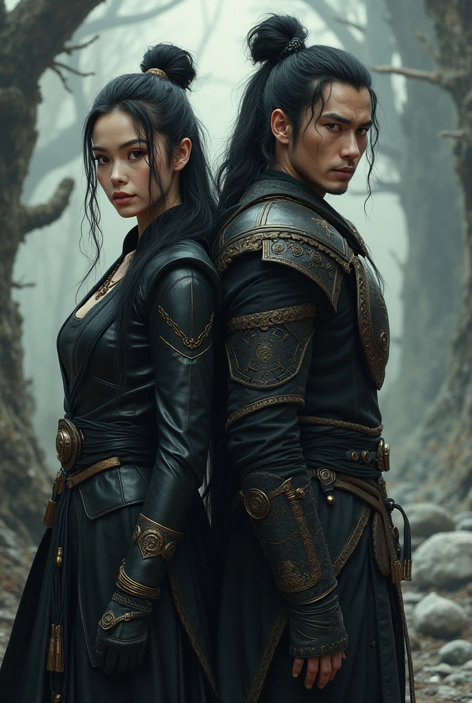 Make BTS singer Jeon Jungkook dressed as a prince and an Asian girl with long wavy black hair in ripped dresses, she is a savage (don't show the asian's face). They are in a rainforest