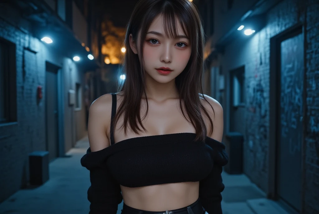 bokeh, masterpiece, analog photo, RAW, beautiful high school girl, Light brown long hair, Light brown beautiful eyes, Blushed face, (Japanese idol:1.5), Plump breast, (cyberpunk:1.5), Looking at the viewer, cowboy shot, LED lighting cybercity, 