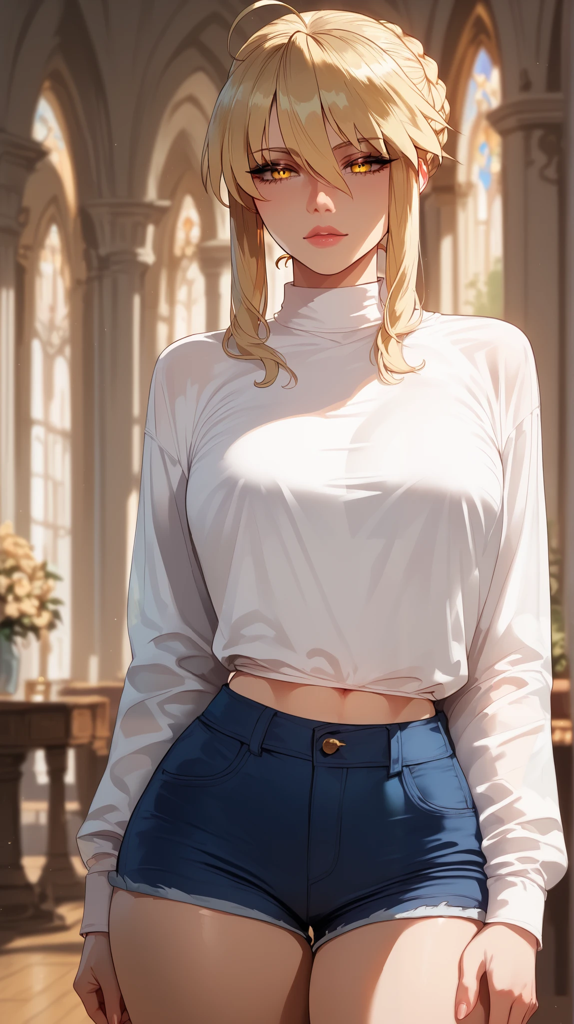 In full height, in the bedroom there is a young woman incredibly beautiful golden-haired blonde with blue eyes, standing completely naked, shyly covered her bare breasts with her palms, shy look, blue eyes, beautiful figure, pointed breasts, nude makeup, plump lips, shame, long golden her hair is pulled back in a ponytail, she looks at a tall, handsome, athletic, attractive young men, he is topless, he is wearing cotton white pants, he has tanned skin, long straight white hair, they are in love with each other. Masterpiece, perfect drawing, realistic drawing, full-length drawing, detailed study, 8k. full-length image, realistic image, dynamic image, detailed image. an extremely detailed illustration, a real masterpiece of the highest quality, with careful drawing. full-length image. realistic image, full-length image. careful drawing of the anatomical authenticity of the body, delicate type of face, excessive detailing of the female body. detailed image. an extremely detailed illustration, a real masterpiece, of the highest quality, with careful drawing. shading with shadows. a careful display of the anatomical authenticity of the female body, a pretty face type, and excessive detail of the female body. anime style
