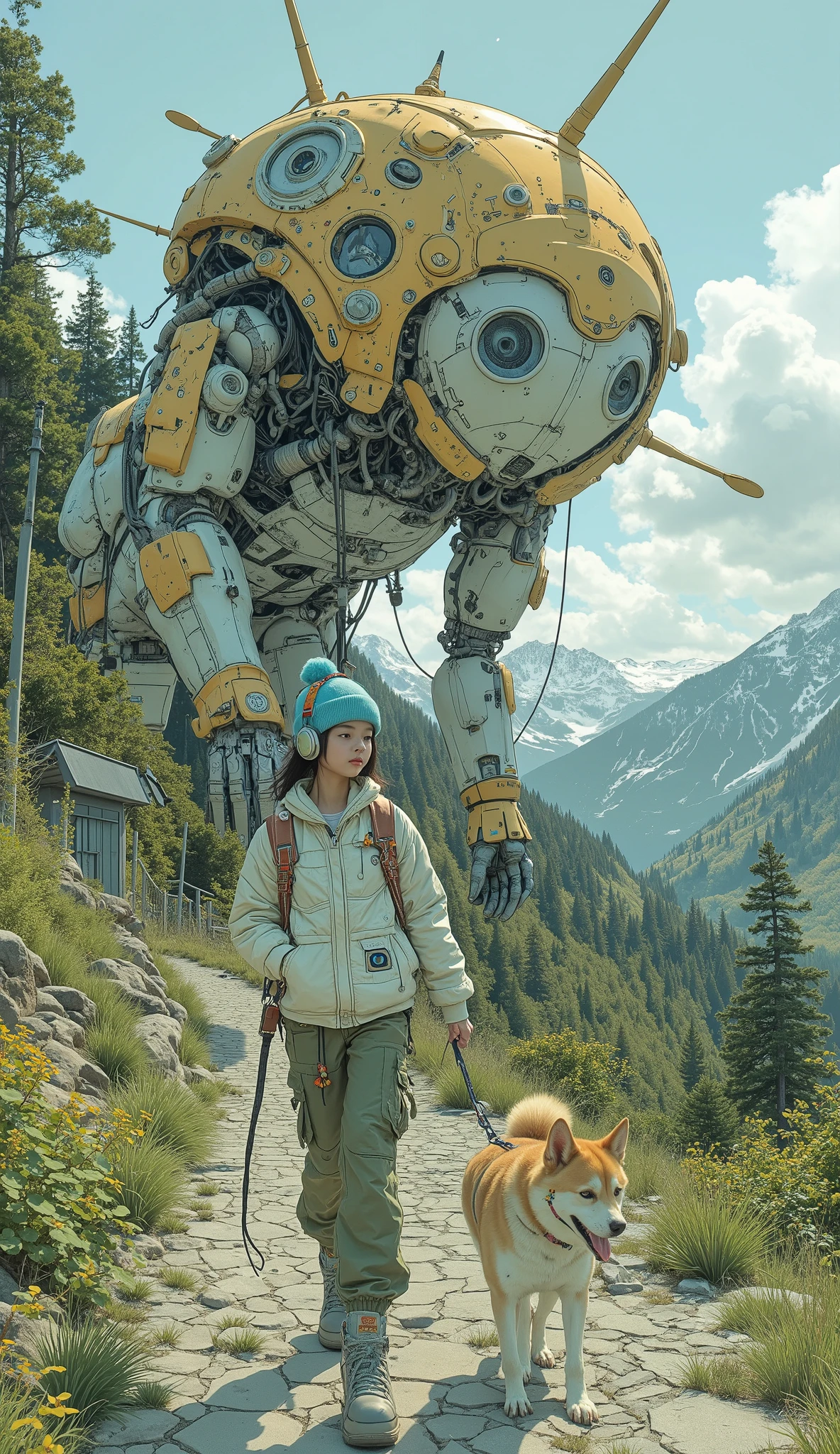 Surrealism , artwork, 8K quality, A cute high school girl who encounters Gundam while walking with her pet dog on a mountain path, Shiba Inu、 High school girl wearing an off-white down jacket and loose moss green cargo pants, blue knit cap、 headphones、Trekking boots、 Colorful Accessories、Surprised by the size of Gundam 、 anatomically accurate、