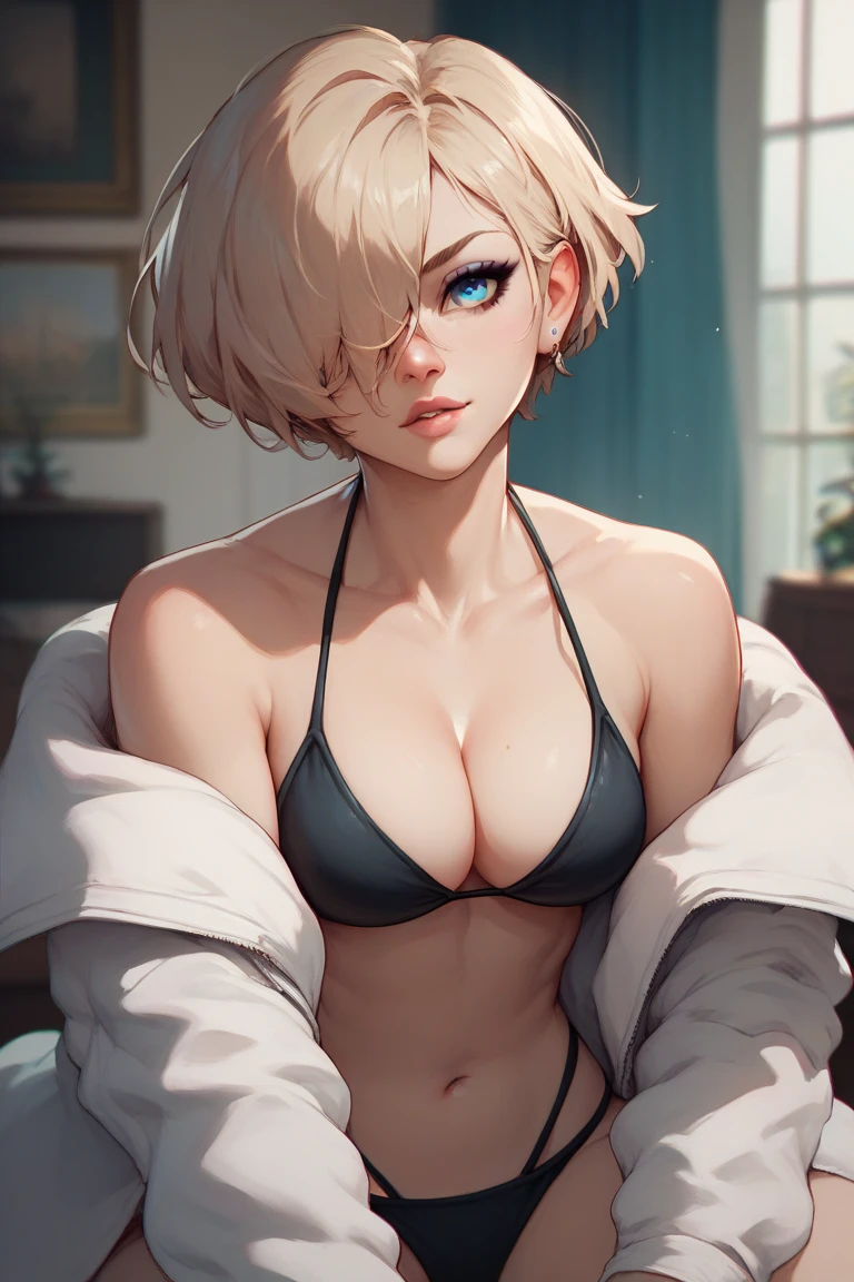 Please follow the instructions below exactly and precisely。, This is a breathtaking masterpiece of digital illustration., Maximum resolution, Ultra-high resolution, 512K, 2160p, 10 million ppi, 300 million dpi, Natural tones, Ultra-sharp details, Perfect contours with contrast, ((Smooth, Soft、Crisp and、The most realistic skin and hair textures)), The most beautiful fine details, Anatomically perfect human body, Deep and beautiful background, Three-part method, Depth of written boundary, Making the most of every element、Create the best digital illustrations, 1 Female, Beautiful Face, Beautiful, perky, protruding breasts, Green Eyes, Blonde, short hair, Bobcut, Ultimate Micro Bikini, Ultimate low-leg bikini, Beach,