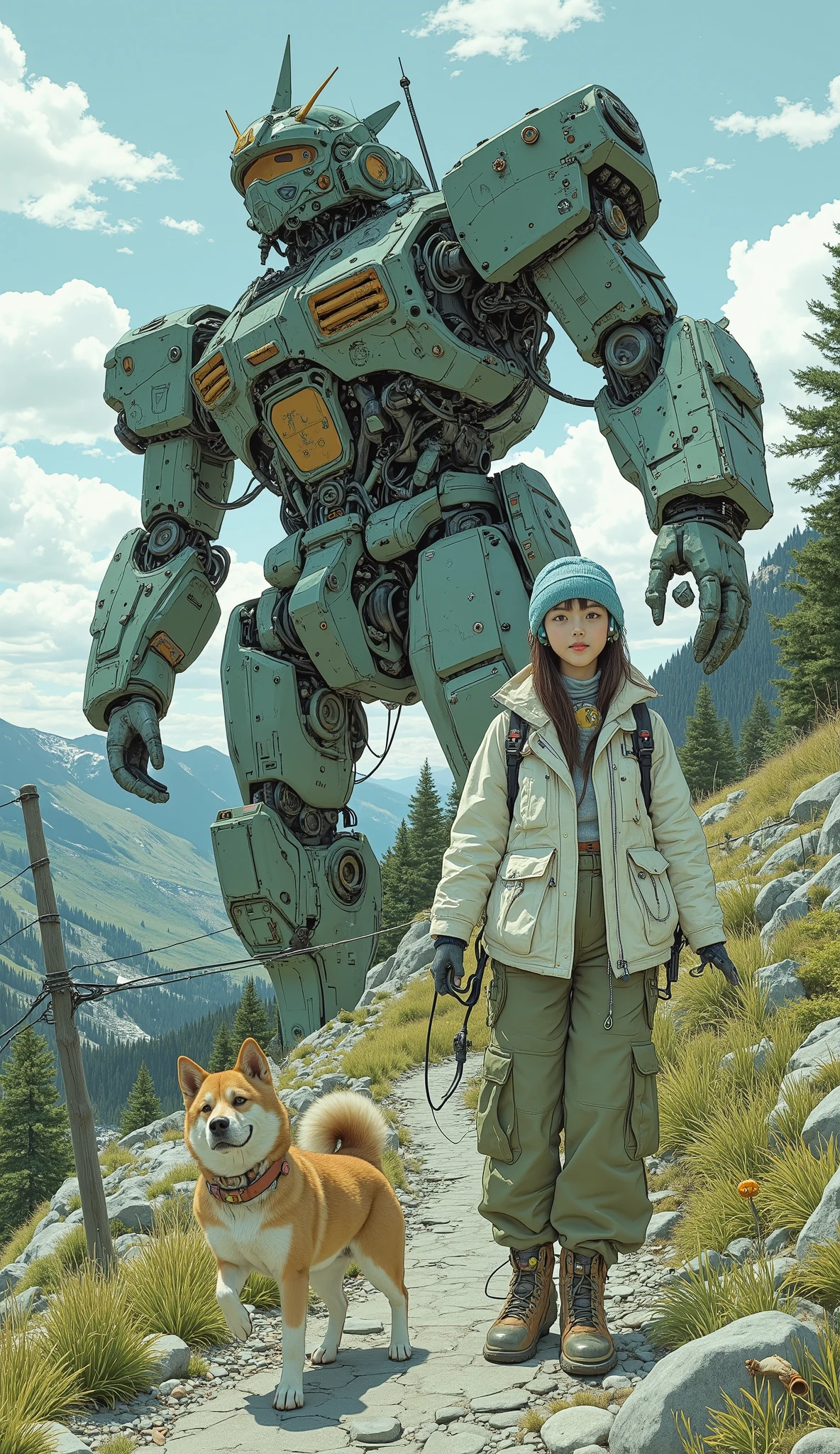  Surrealism  ,  artwork, 8K quality,  A cute high school girl who encounters Gundam while walking with her pet dog on a mountain path, Shiba Inu、 A high school girl wearing an off-white down jacket and loose moss green cargo pants, blue knit cap、 headphones、Trekking boots、 Colorful Accessories、Surprised by the size of Gundam 、  anatomically accurate、