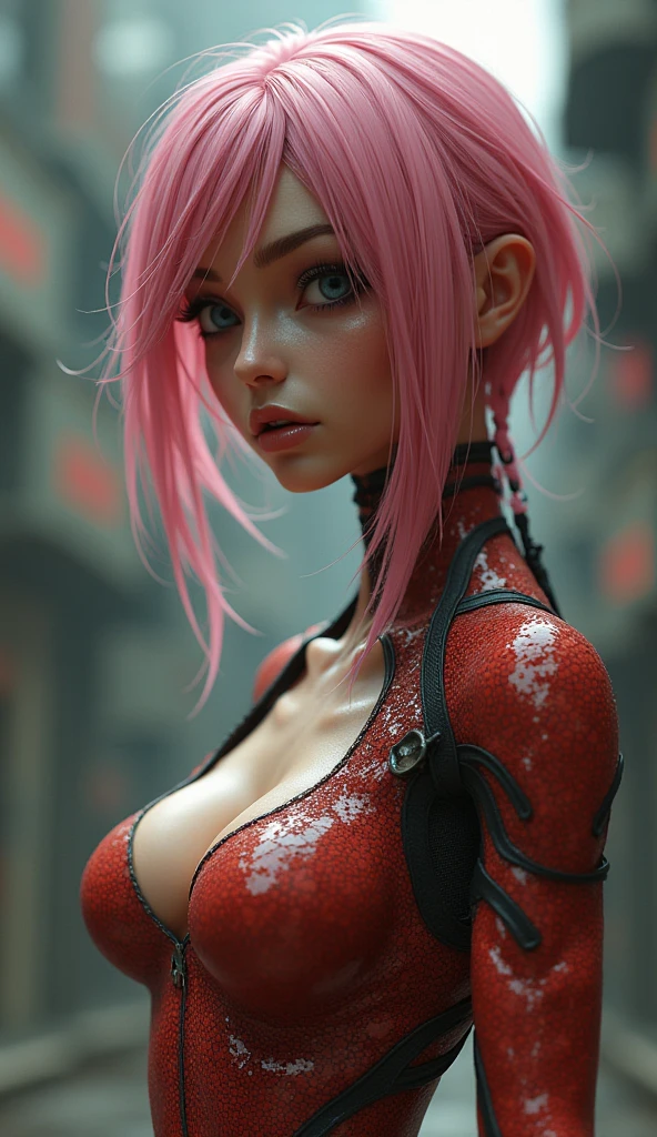 Highest quality, Ultra-high resolution, Realistic, NSFW, Cyberpunk sexy pink hair girl、Take photos in a studio environment with a gray background, View your audience, Upper Body, thin, Visible Cracks, Crop top,Big Breasts,Small and beautiful nipples