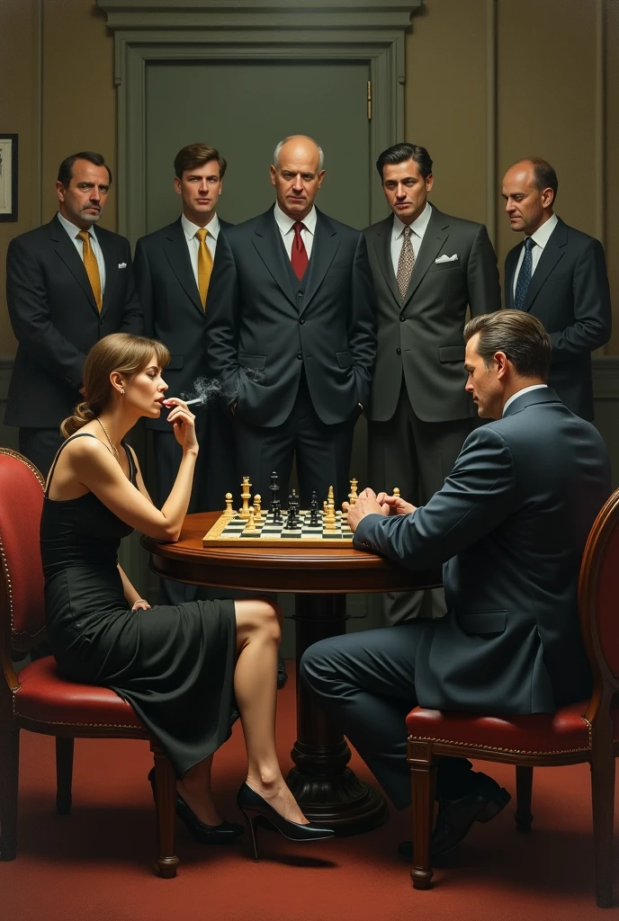 1girl(blonde hair, red dress) and 1boy(black hair, blue suit). playing chess, sitting at a table