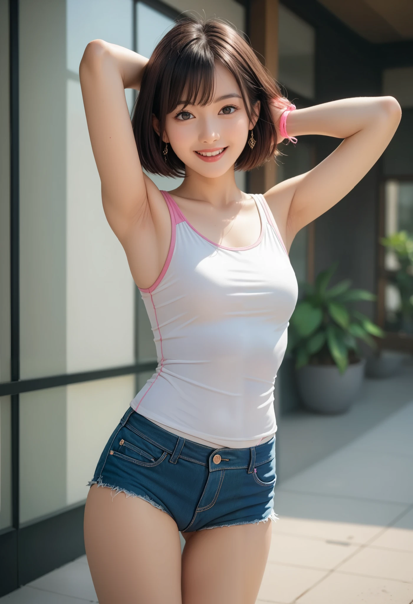 The beauty of 8K raw photos:2.0, short hair,15 years old, great face and dark eyes, stare at the camera, A smile full of joy:1.6, show teeth, Raise your hands to show your armpits, dynamic pose, (pink tank top、denim shorts:1.2)、 realistic:1.9, very detailed CG 統合 8k 壁紙, very detailed, High resolution RAW color photos, cowboy shot, professional photos, Taken on the lawn, girl sexy portrait