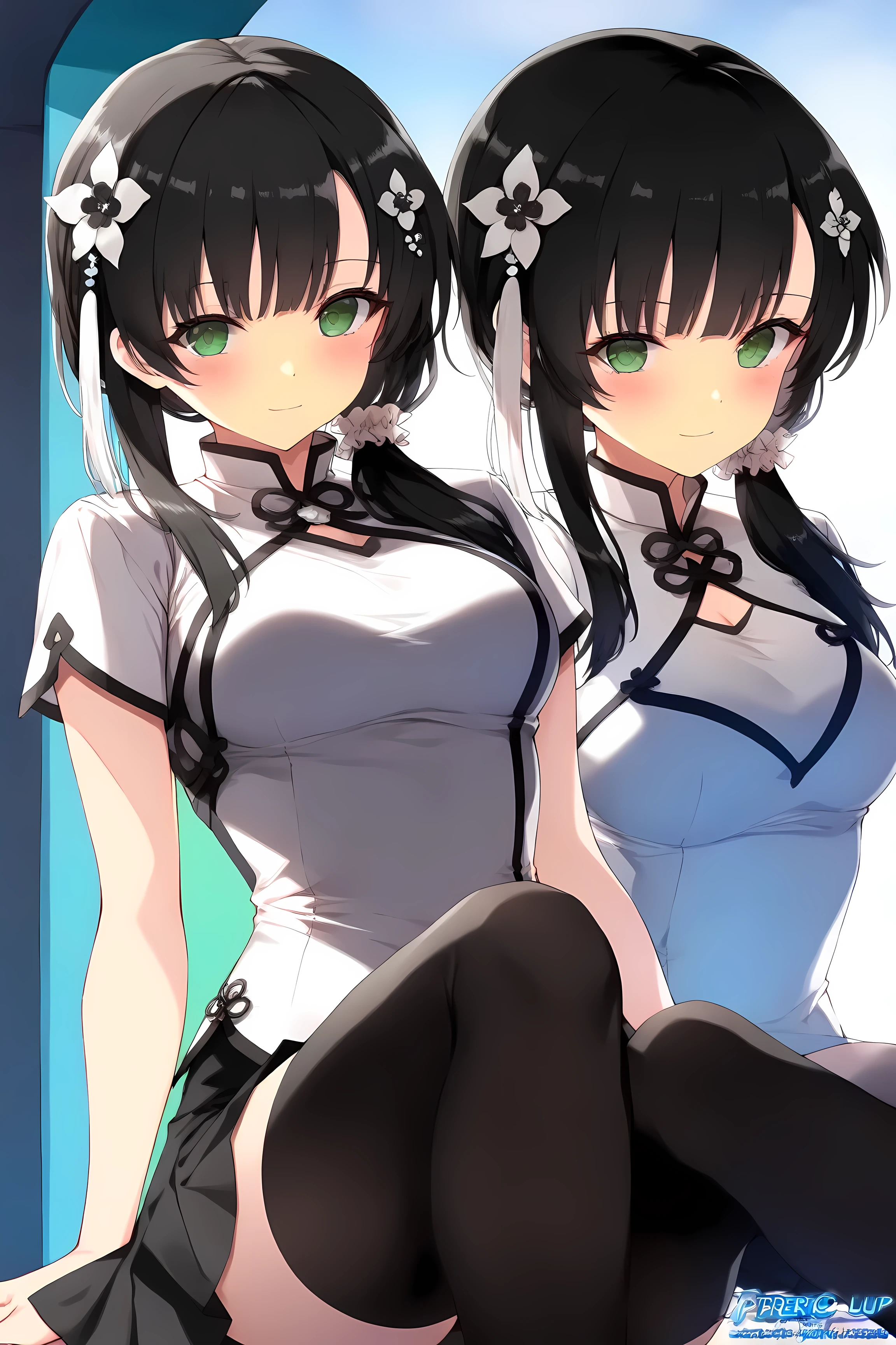 (ultra-detailed, master piece, best quality, high resolution, perfect face, perfect and correct human anatomy), wang yujia, black hair, hair flower, green eyes, black skirt, light smile, black knee high,