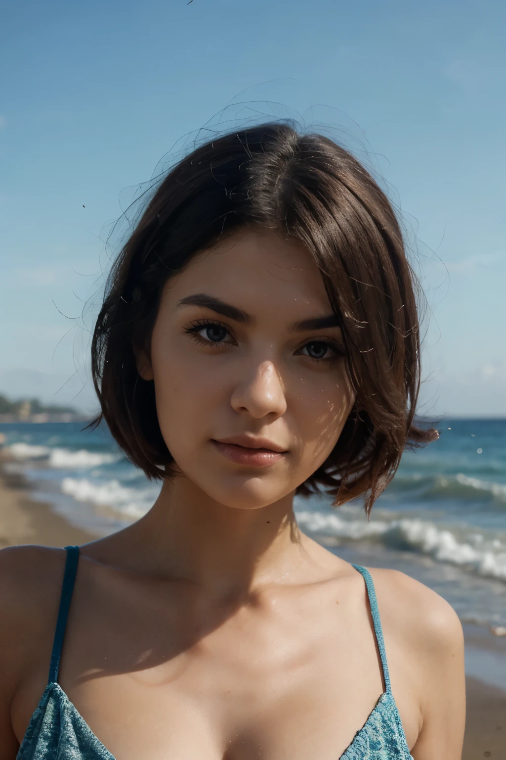 (8k, Foto RAW, best quality, senhor:1.2), (Realistic, photo-Realistic:1.37), ultra detalhado, 1 girl, fofo, sozinho, beautiful detailed sky, Rosto detalhado, Noite, sentado, dating, (Corar), (sorrir: 1.1), (Cale a boca), seios grandes, belos olhos delicados, abotoado desfeito, (camisa de gola: 1.1), gravata borboleta, saia plissada, (short hair: 1.2), flowing hair, long eyelashes, sombra, Rosto pequeno, olhos grandes, tiro de corpo inteiro, bareshoulders, Interior, cama, ((small breasts))