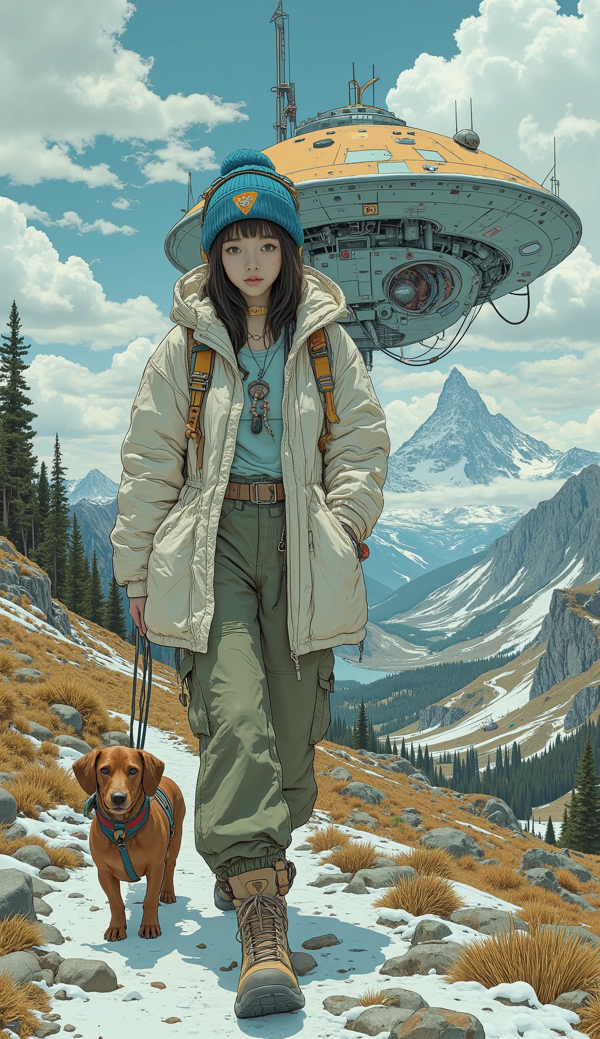 Surrealism , artwork, 8K quality, A cute high school girl discovers a UFO that crashed while walking with her dog on a mountain road, dachshund 、 A high school girl wearing an off-white down jacket and loose moss green cargo pants, blue knit cap、 headphones、Trekking boots、 Colorful Accessories、 anatomically accurate、