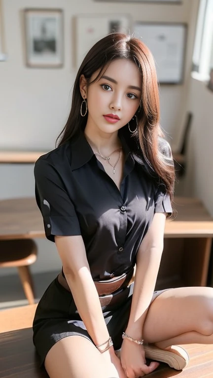 (High resolution 8K, Masterpiece, Only the best quality complicated details Chromatic aberration) realistic ((small breasts)) hair in one eye, purple eyes, big round hoop earrings, sharp eyes, Diamond choker, red gemstone, necklace, (symmetrical eyes), (Perfect symmetrical body), (Photo of a beautiful girl, 21 years old), beautiful and charming with contemporary fashion drawings in the eyes of the viewer, ((Behind the large classroom) ), (black short skirt), (((tired ((white short sleeve shirt), ( Open the shirt and show off the small breasts.,Soft milk), no bra)), (open chest),)), ((black short pencil skirt )), (Long square leather belt), belly chain, ((Put your hands down)), (light brown bob, Chic, long brown hair, long blonde hair, cute hairstyle, (There is some hair covering the face..)), sharp eyeliner, eyes, eyelid, Blush with thick eyelashes Very delicate and beautiful. round chin. Sharp focus. elegant. (Open your legs to reveal your panties.. middle on the study table.) (Open your legs by opening your legs...) (Open your legs and lift your right leg up... your left leg (natural release) Set a seductive example.