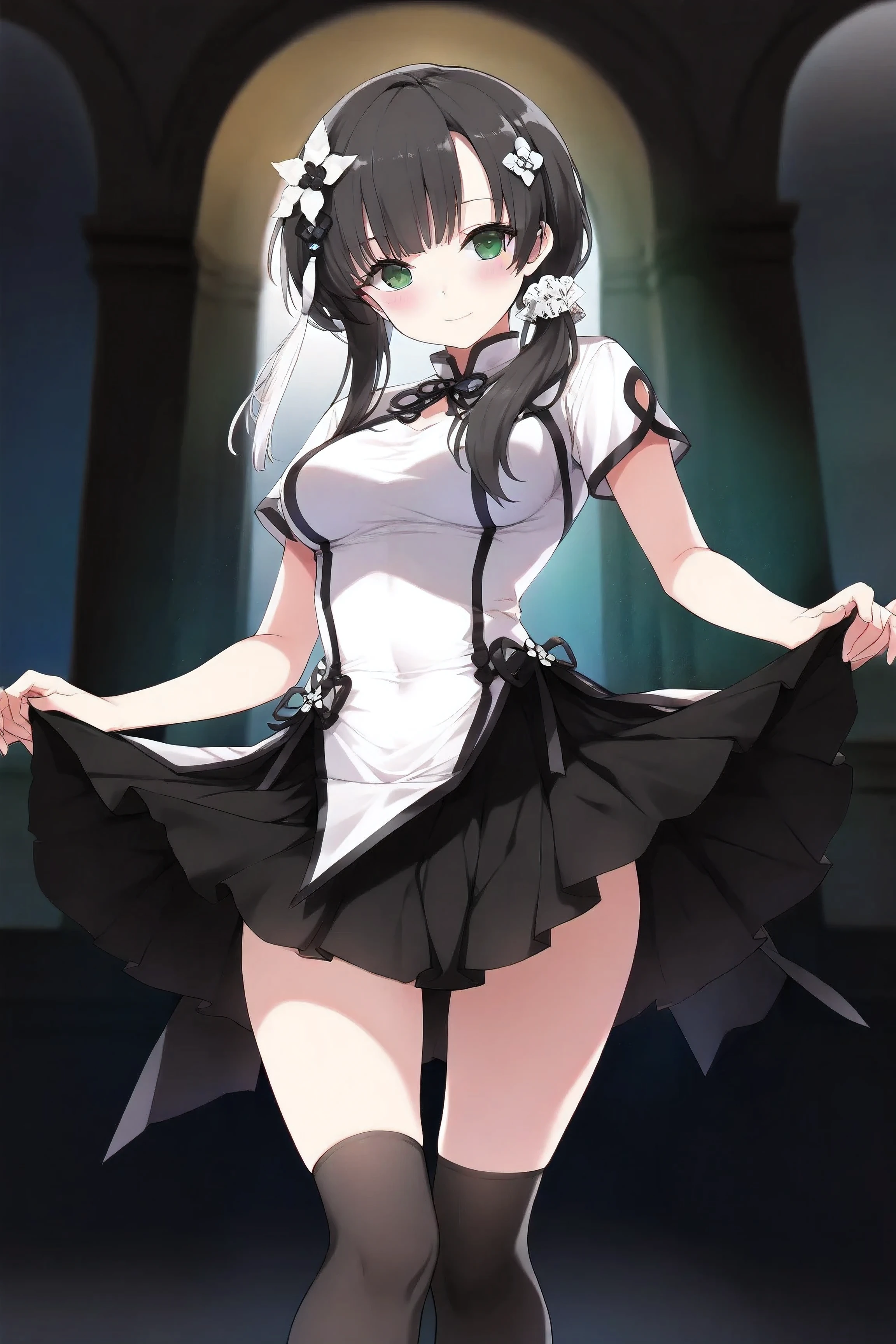 (ultra-detailed, master piece, best quality, high resolution, perfect face, perfect and correct human anatomy), wang yujia, black hair, hair flower, green eyes, black skirt, light smile, black knee high,