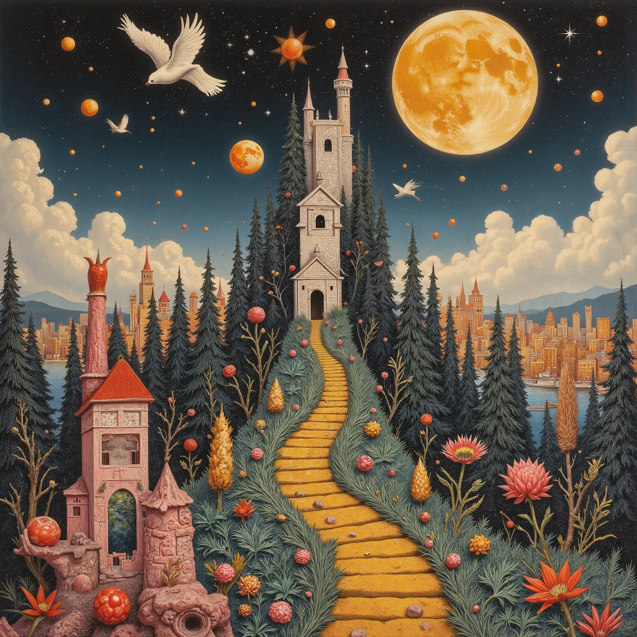 Scandinavian Outsider Art, surreal: 1.32, (super detailed, highest quality), detailed lithographs, daydreams, one long-haired girl, birds, moon, staircase, clouds, city, fantastic, colored in Chagall style colors, masterpiece