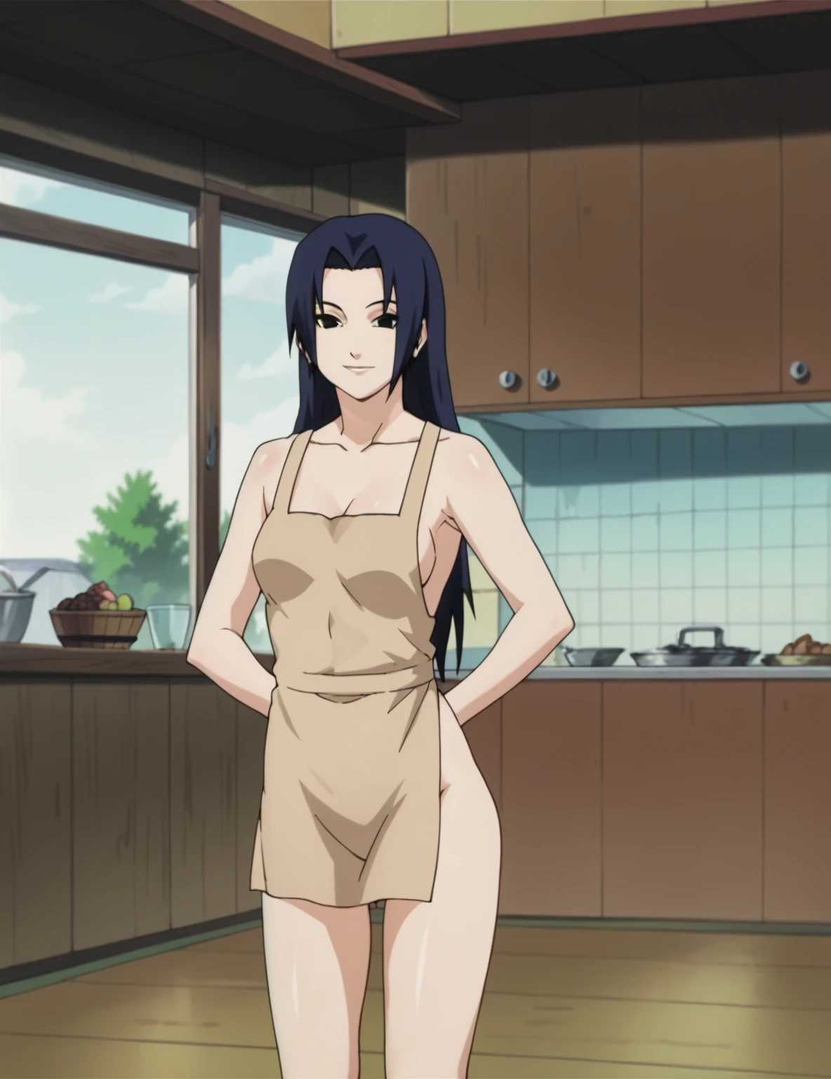 naked wearing white  apron only,, ((thick arms)), , stretching , anime style, cute , beautiful , nice body, soft body, (hinata\(boruto\),  (slender body), mature woman , broad shoulders, off-shoulders, (naked wearing white  apron only,  bare arms, bare hands), smile, closed mouth, pale skin, , smile, (dark blue hair color:1.1), wavy hair, floating hair, ((very short hair, hime cut), big breasts, (closed fists), , (perfect eyes, white sciera, bright eyes, white eyes, anime eyes)