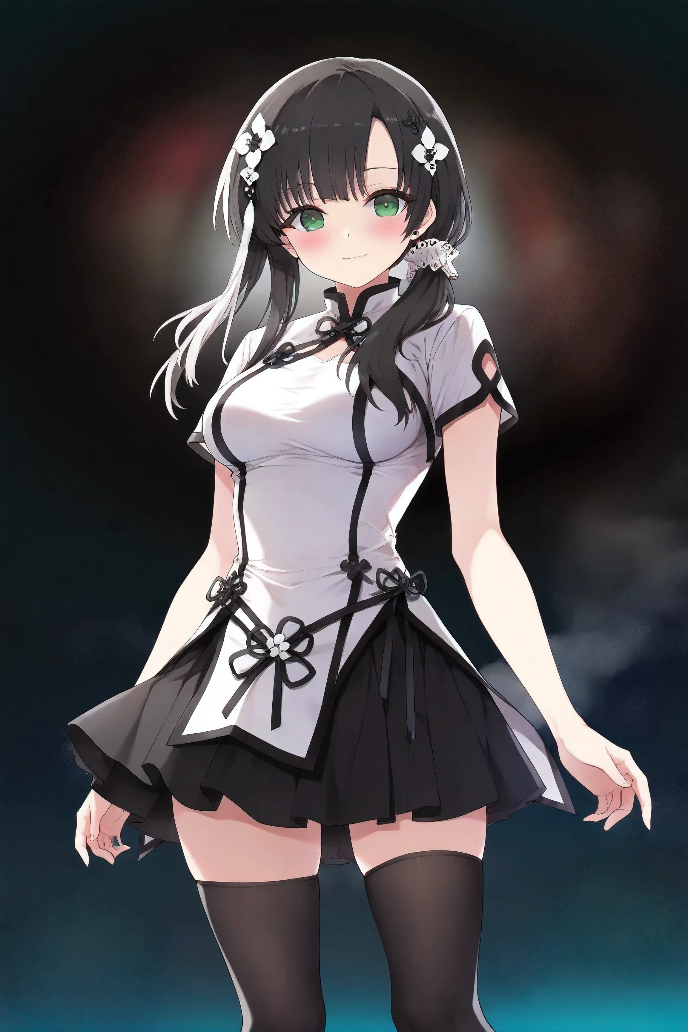 (ultra-detailed, master piece, best quality, high resolution, perfect face, perfect and correct human anatomy), wang yujia, black hair, hair flower, green eyes, black skirt, light smile, black knee high, standing