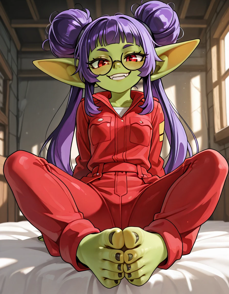  1girl, solo, Goblin Girl, shortstack, small, curvy figure, Thicc body, small breasts, engineer, fixer, maroon mechanic jumpsuit, grease monkey dirt spots, dark fingernails, cute, perky attitude, green skin, purple hair, double bun, side locks, pigtails, crimson-red irises, red eyes, big long goblin ears, fangs, thick rim glasses, smiling, playful, cheeky smile, Detailed mechanic workshop background, sitting on edge of bed,foot fetish, femdom, foot focus,footworship, foot worship, looking down on viewer, mesugaki smile, sadistic grin, lustfully looking at viewer, face in focus, midnight lighting, realistic lighting, volumetric lighting, photorealistic, intricate details, cinematic, dramatic lighting, hyper detailed, 8k, masterpiece