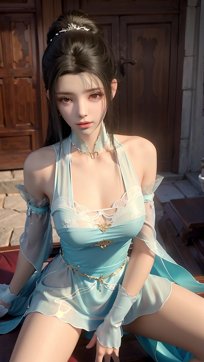 tmasterpiece,Best picture quality,HD 8K wallpaper,Beautiful picture,Elegant single woman,Round dress,Shiny eyes,Detail at its best,An exquisite masterpiece,Pure beauty and lightness,Moderately aesthetic,Gentle and elegant,Attention to detail,Round princess dress in teal and white lace,Immortal