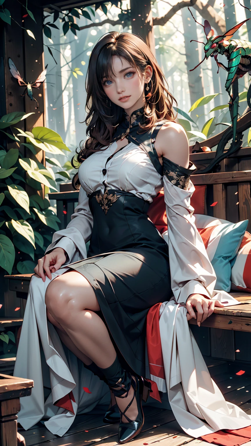 1 person, heroine,sexly、Spilled ink background、, Black Hair, Floating Hair, Delicate eyes, Black and green antique dress, Fob, (1 1 1.8), (masterpiece), (Portrait Shot), Front shot, Stiletto heels、smile
