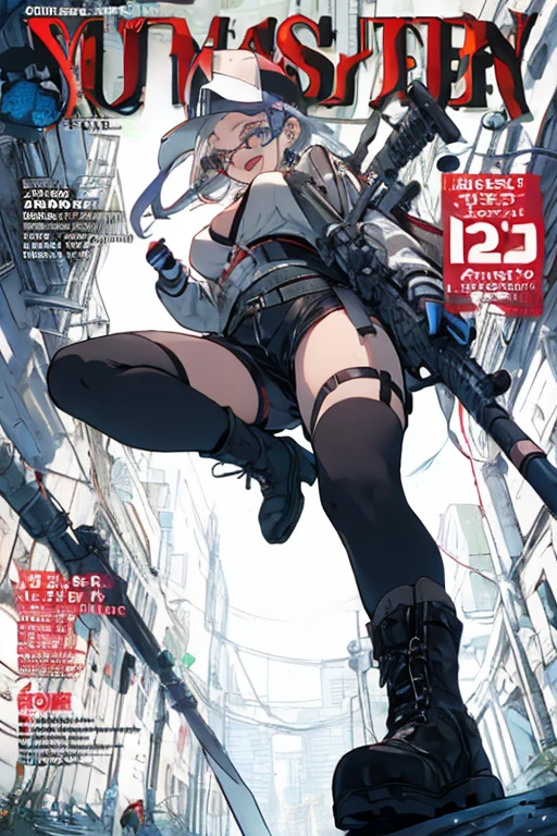 masutepiece, Best Quality, 1girl in, Sharp eyes, Evil smile,rocket launcher、Huge firearms、big round glasses,Camisole、Jagged teeth,Moe、heavy machine gun、machine gun、Spree、big explosion
