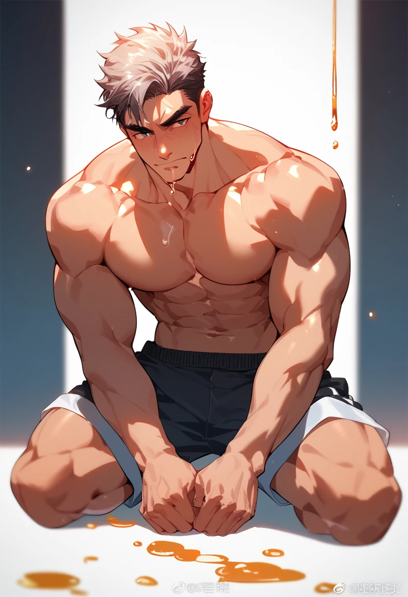shirtless, super muscular, sweat-drenched body, dripping with sweat, 22-year old short black hair handsome caucasian male wearing a towel wrapped on the waist, barefoot, panting, sitting on the bench, very exhausted, drenched with sweat, towel, bottled water, in the locker room