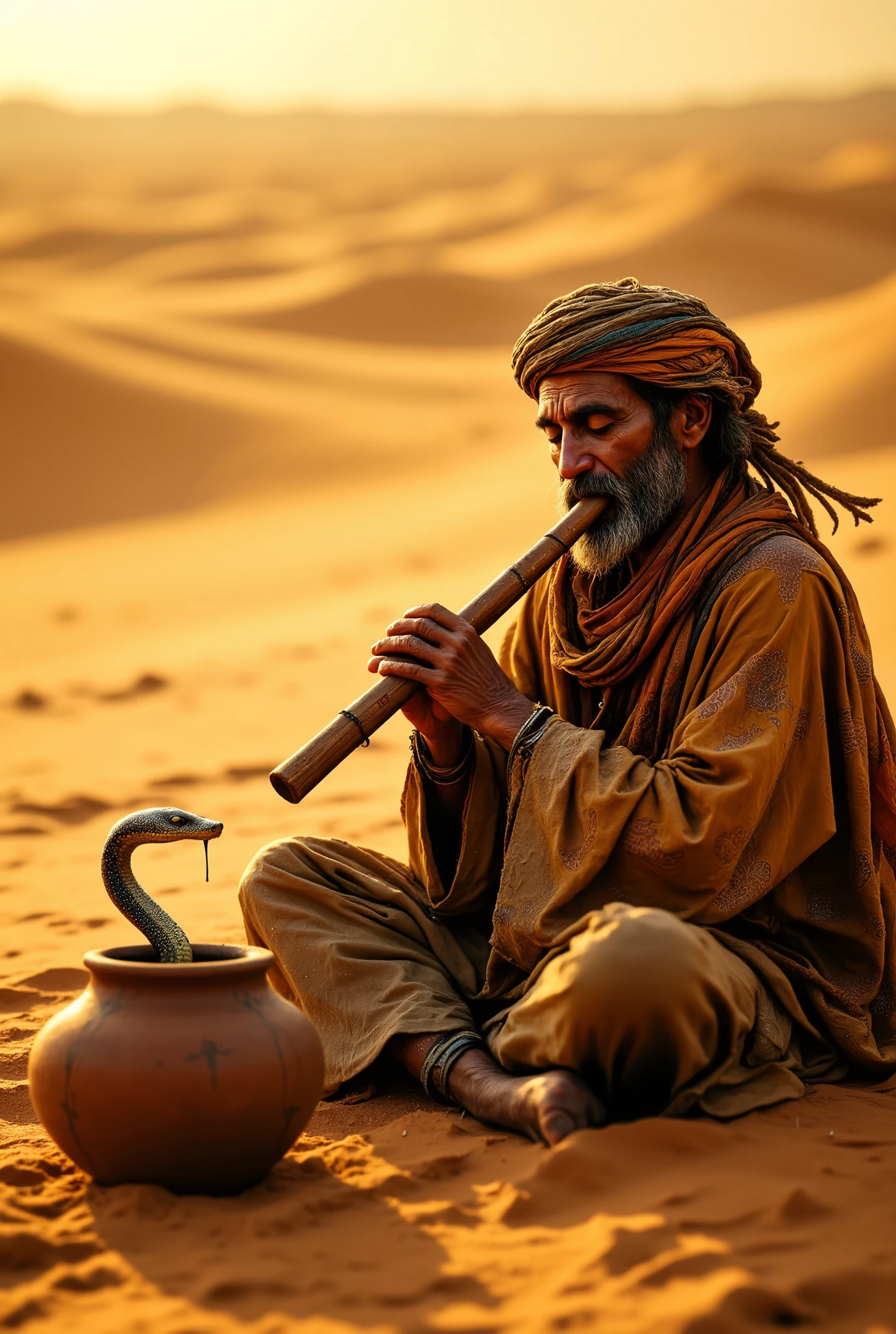 A Bedouin sits in rag clothes in hot summer weather sandy sands, plays the flute and the sounds of the melody are beautifully depicted , a clay pot from which a snake climbs out a dancing cobra , masterpiece, 8 k, Best quality, complicated details, maximum number of details , cinematography ,