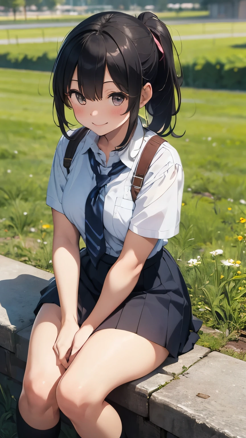 (masterpiece:1.2, top-quality), (realistic, photorealistic:1.4), beautiful illustration, (natural side lighting, movie lighting), nsfw,
looking at viewer, 1 girl, japanese, high school girl, perfect face, cute and symmetrical face, shiny skin,
(short hair:1.8, lob hair:1.3, light browm hair), bangs, blue eyes, slant eyes, big eyes, long eye lasher, (large breasts:0.8, thick thighs), slender,
beautiful detailed hair, beautiful detailed face, beautiful detailed eyes, beautiful clavicle, beautiful body, beautiful chest, beautiful thigh, beautiful legs, beautiful fingers,
(short sleeve white collared shirts, blue pleated skirt, light blue tie), socks,
(beautiful scenery), evening, (grassy), wariza (lovely smile, upper eyes, parted lips),