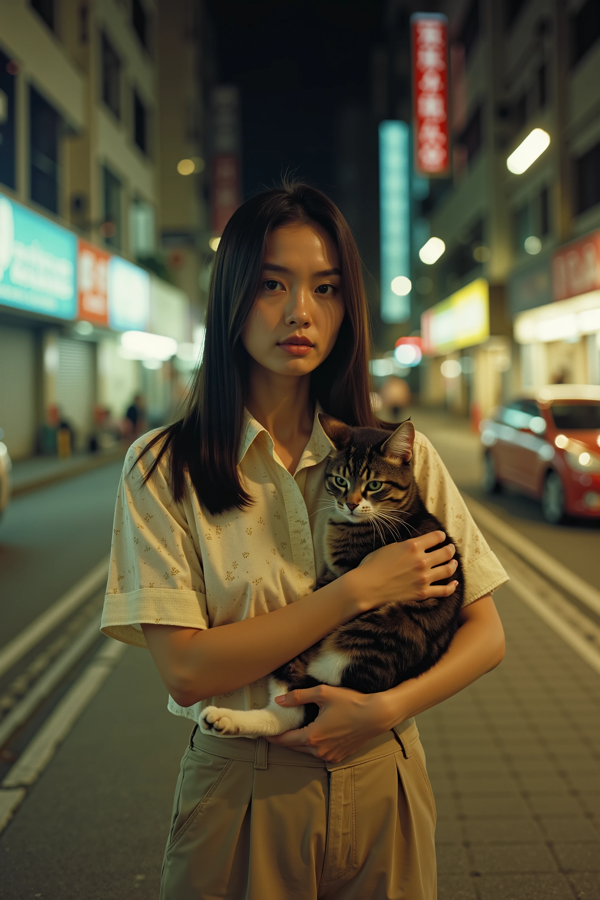 professional photography, front view composition, Wong Kar Wai movie lighting style, a young woman wearing vintage blouse and vintage khaki pants, straight long hair, she looking at the camera, hugging a cat, set in 80s Hongkong, night city background, bokeh