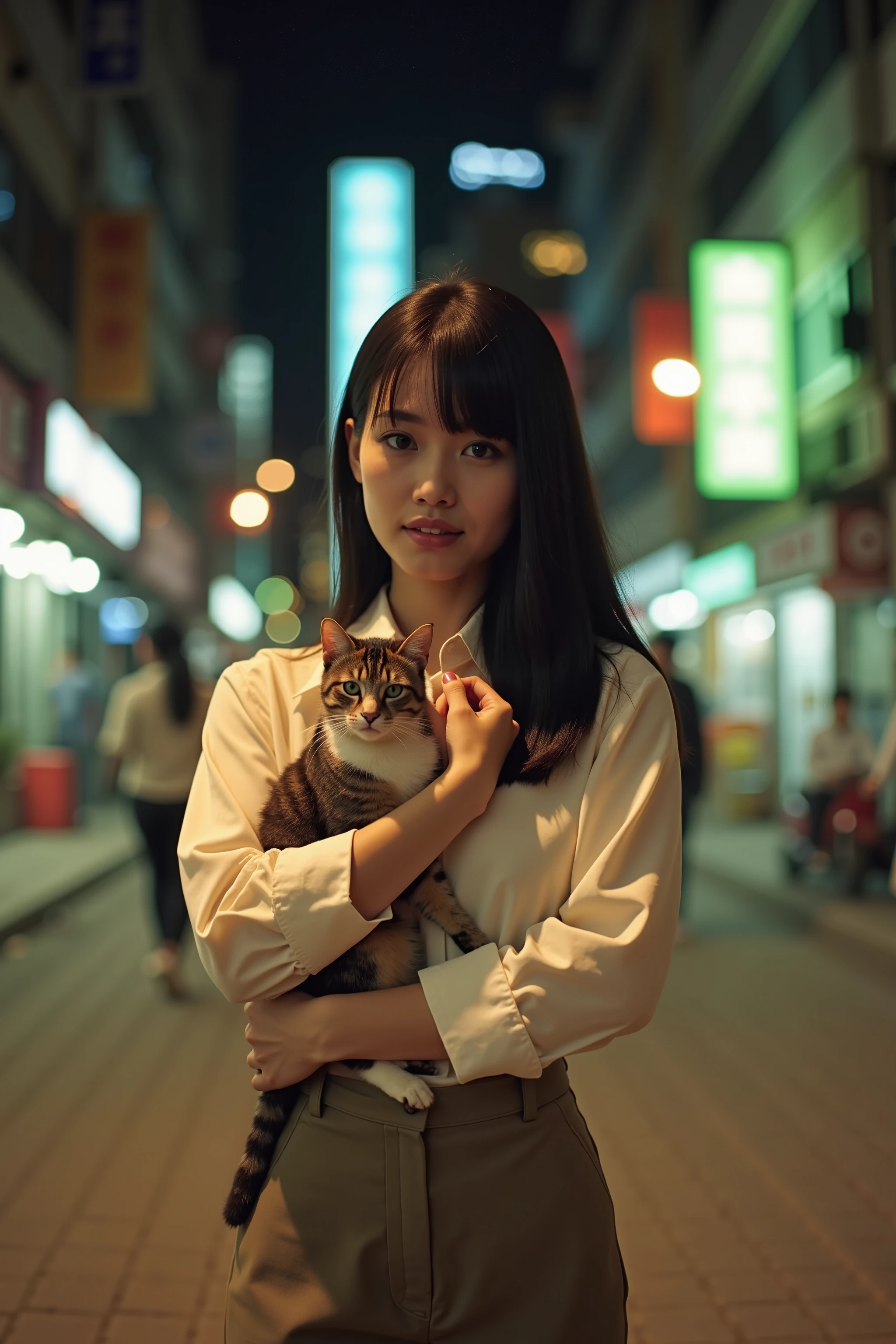 professional photography, front view composition, Wong Kar Wai movie lighting style, a young woman wearing vintage blouse and vintage khaki pants, straight long hair, she looking at the camera, hugging a cat, set in 80s Hongkong, night city background, bokeh