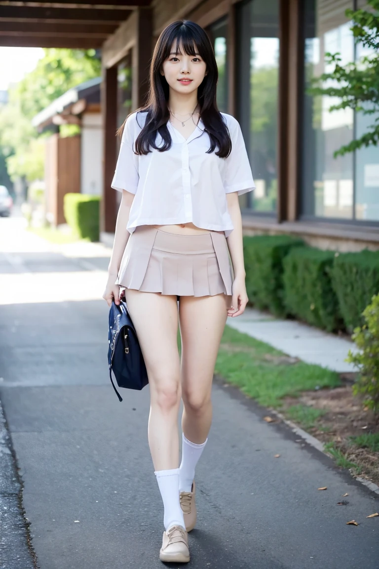 (8k, RAW photo, best quality, masterpiece:1.2)、(Real、Photorealistic:1.37)、1 Girl、Japanese、Black Hair、Long Hair、(from below:1.4), (a 18years old pretty Japanese girl standing on long stairs、school uniform)、The surrounding area is residential、Iron railing on the stairs、((View your viewers))、(White sailor suit high 、Ribbon on chest、Pleated mini skirt with tartan plaid pattern、White panties)、(White panties can be seen from the pleated skirt、 Put your fingers in the gap between your panties and pull them up:1.5)、A school bag is hanging on one side、((Sunset sky、cloud、Girl is backlit))