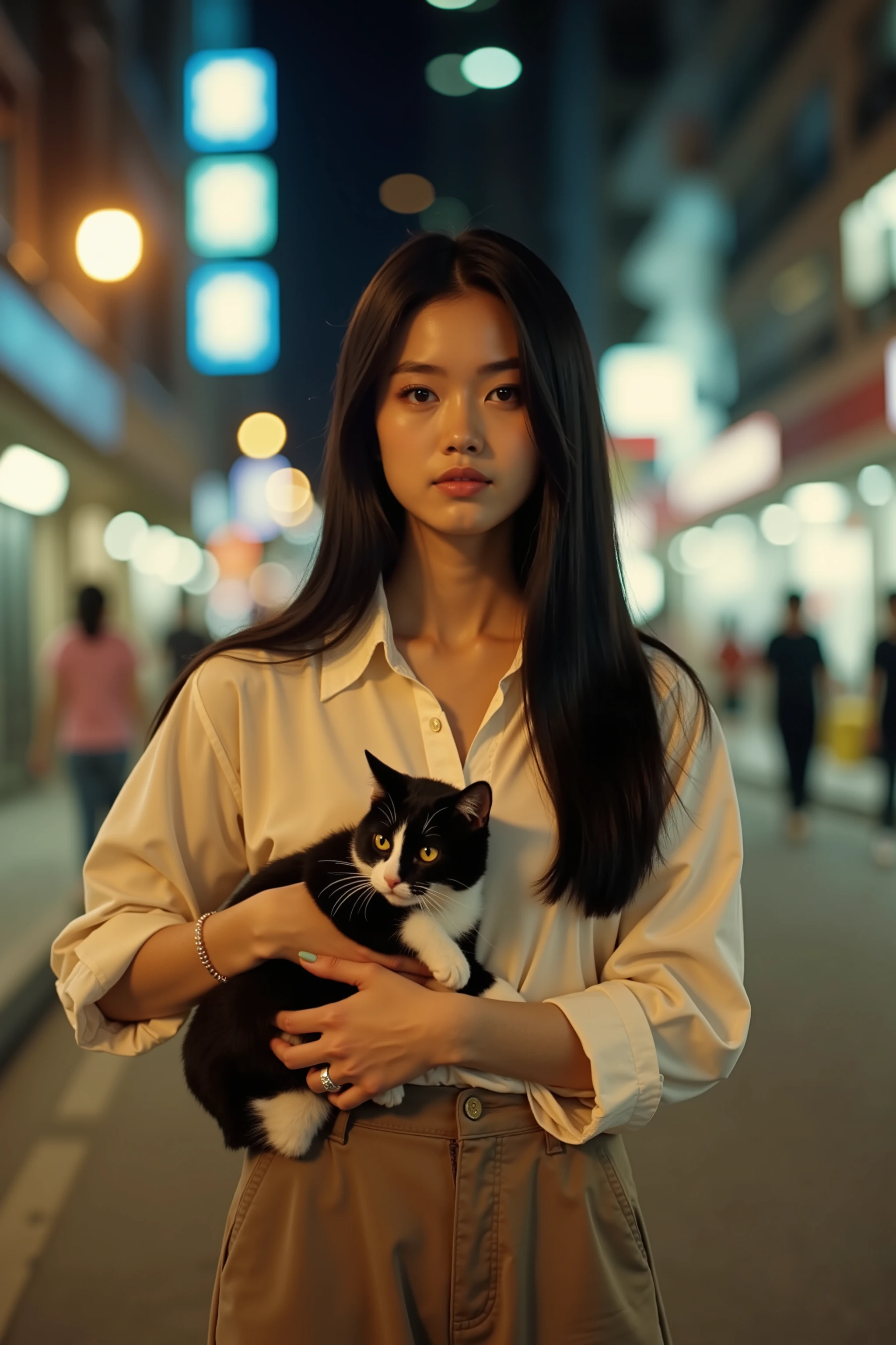 professional photography, front view composition, Wong Kar Wai movie lighting style, a young woman wearing vintage blouse and vintage khaki pants, straight long hair, she looking at the camera, hugging a cat, set in 80s Hongkong, night city background, bokeh