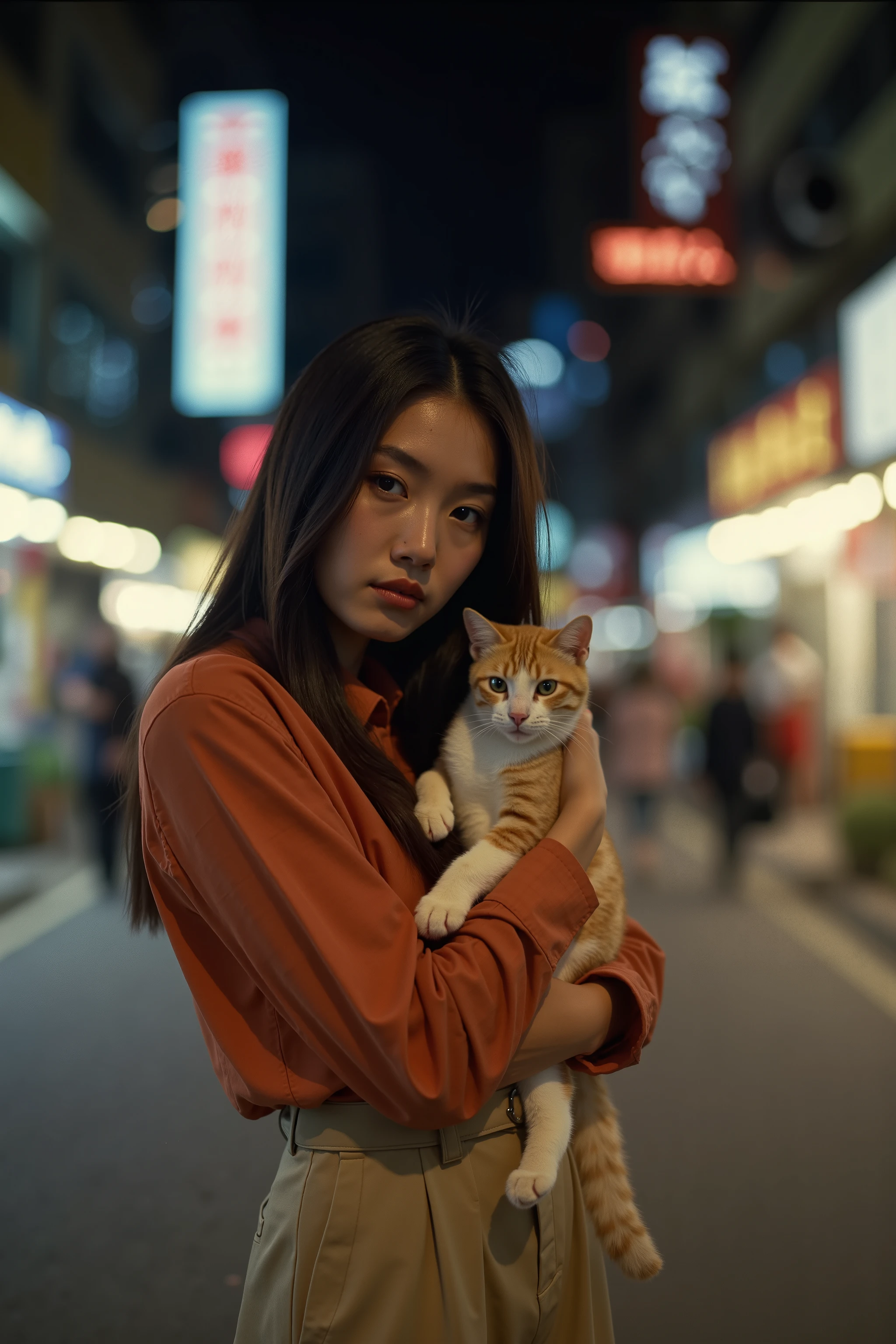 professional photography, front view composition, Wong Kar Wai movie lighting style, a young woman wearing vintage blouse and vintage khaki pants, straight long hair, she looking at the camera, hugging a cat, set in 80s Hongkong, night city background, bokeh