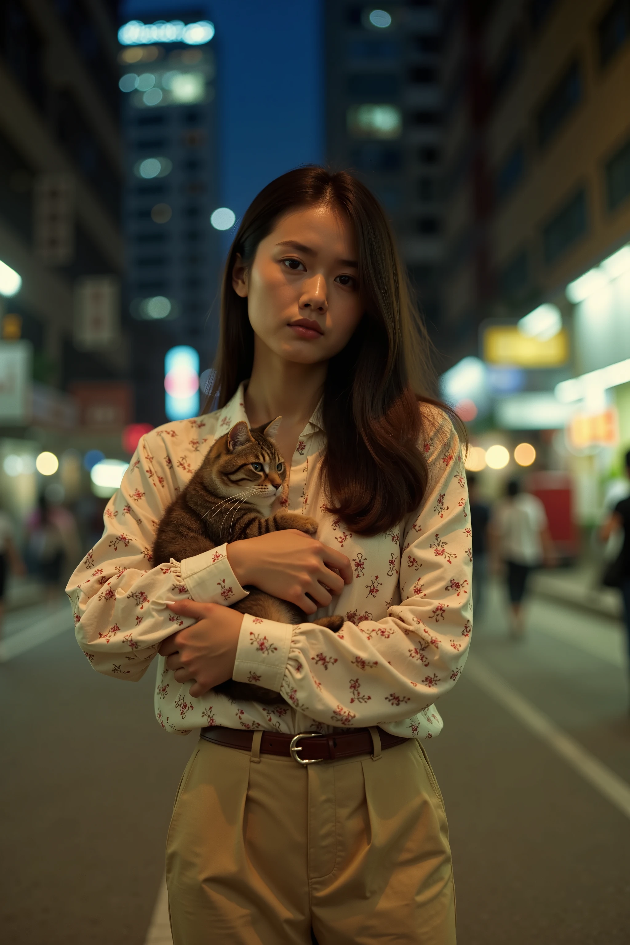professional photography, front view composition, Wong Kar Wai movie lighting style, a young woman wearing vintage blouse and vintage khaki pants, straight long hair, she looking at the camera, hugging a cat, set in 80s Hongkong, night city background, bokeh