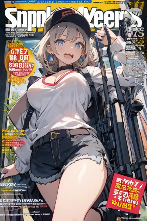 (masterpiece:1.2), (Military uniform magazine cover:1.4),best quality,PIXIV,Sweet girl , sexy posture,1girl, (perky chest:1.2), rolling upskirt by wind:1.6, (with sparkling eyes and a contagious smile),open mouth, (pointed chest:1.2),fishnets, black hair, boots, long hair, black nails, skirt, shirt, black footwear, bag, black skirt, jewelry, jacket, thigh strap, bangs, necktie, earrings, nail polish, multicolored hair, looking at viewer, full body, bottle, own hands together, belt, jacket on shoulders, food, cats on head, ring, choker, english text, collared shirt, blue eyes, hat, lace-up boots ,masterpiece、highest quality、Very detailed、An illustration、Beautiful fine details、One Girl、cute、Detailed landscape、Training Room Background:1.4、Platinum Blonde Hair、Braided Ponytail、Red camisole、((c cup breasts, Tank top showing underboob:1.4))