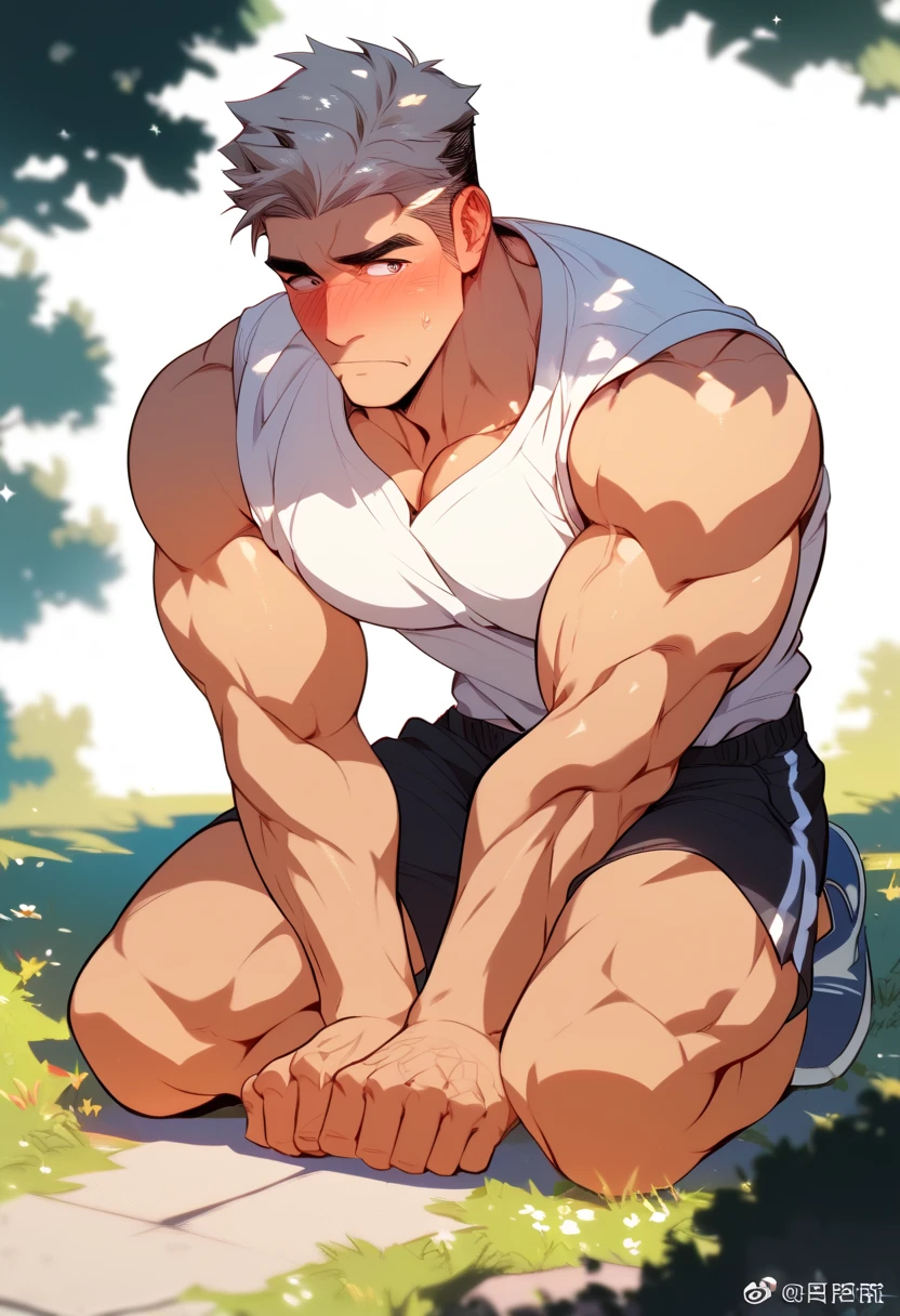 Roronoa Zoro semi naked in boxers blushing, embarrassed sitting in a park