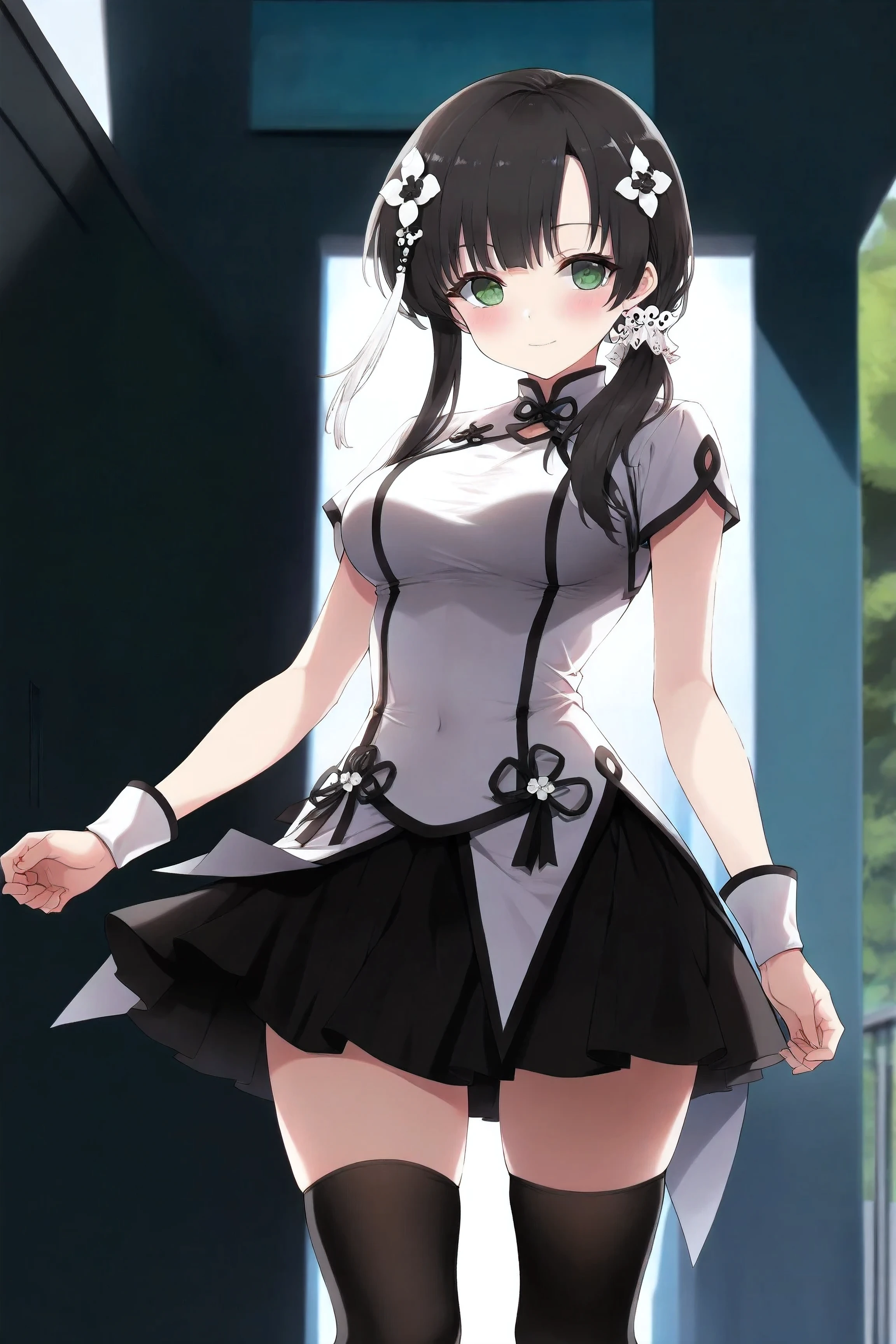 (ultra-detailed, master piece, best quality, high resolution, perfect face, perfect and correct human anatomy), wang yujia, black hair, hair flower, green eyes, black skirt, light smile, black knee high, standing
