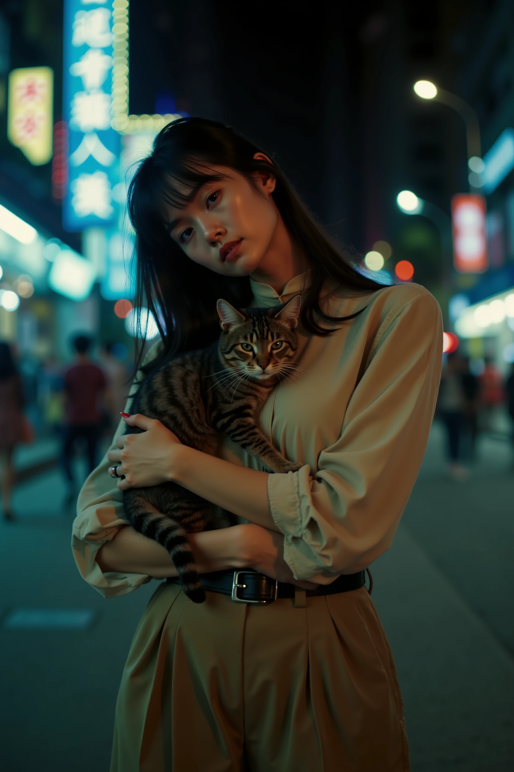 professional photography, front view composition, Wong Kar Wai movie lighting style, a young woman wearing vintage blouse and vintage khaki pants, straight long hair, she looking at the camera, hugging a cat, set in 80s Hongkong, night city background, bokeh