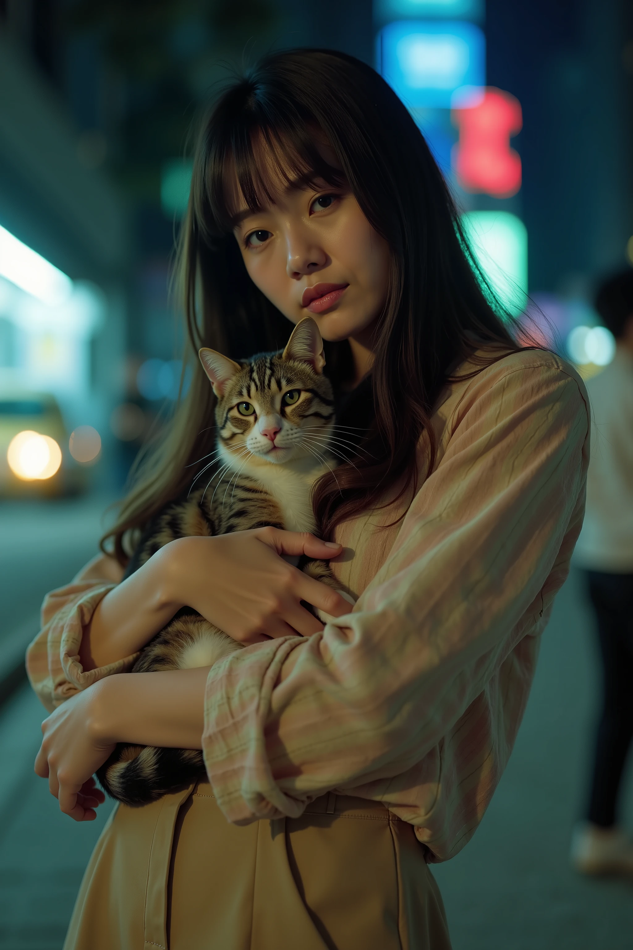 professional photography, front view composition, Wong Kar Wai movie lighting style, a young woman wearing vintage blouse and vintage khaki pants, straight long hair, she looking at the camera, hugging a cat, set in 80s Hongkong, night city background, bokeh, cold lighting