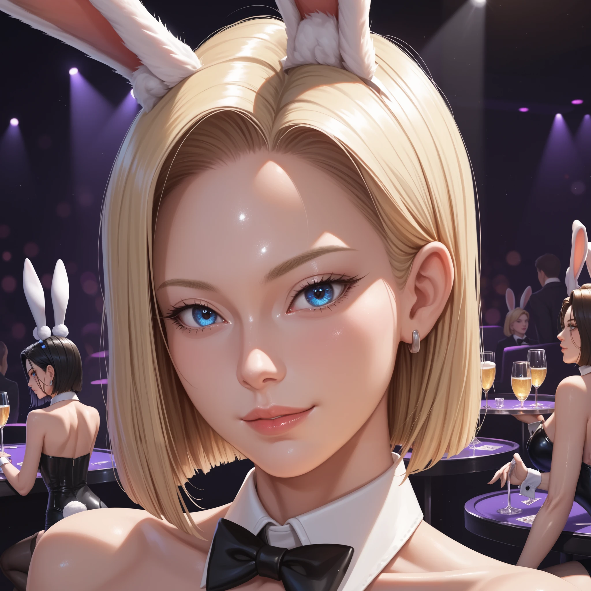 (naked girl:1.4), naked girl with very detailed face and large breast and nipple and pussy and blond bob haircut and very detailed eye and blue eye and red lipstick and bowtie and pearl earring and black stockings and white gloves is posing with a flashlight in movie theater setting, old businessman holds naked girl, indoors, crowd of businessmen in the background,