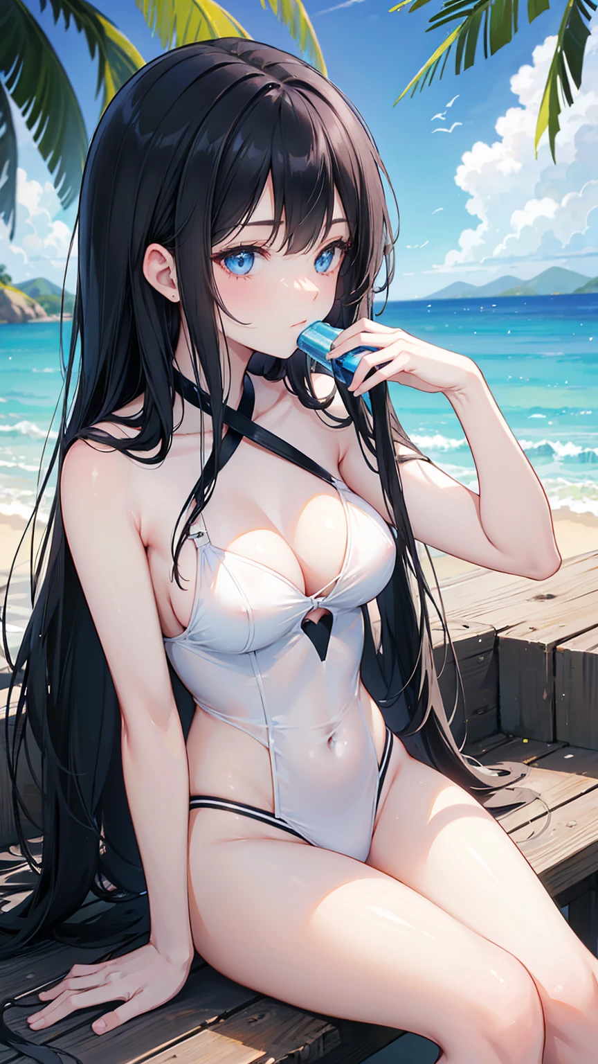 ((Top quality)), ((Masterpiece)), ((Details)), Perfect face, perfect body, sitting on the beach, listening to music, wearing headphones, wearing swimsuit, swimsuit is transparent, sitting with legs apart, A woman wearing tight clothing that exposes her buttocks and breasts, with her face visible