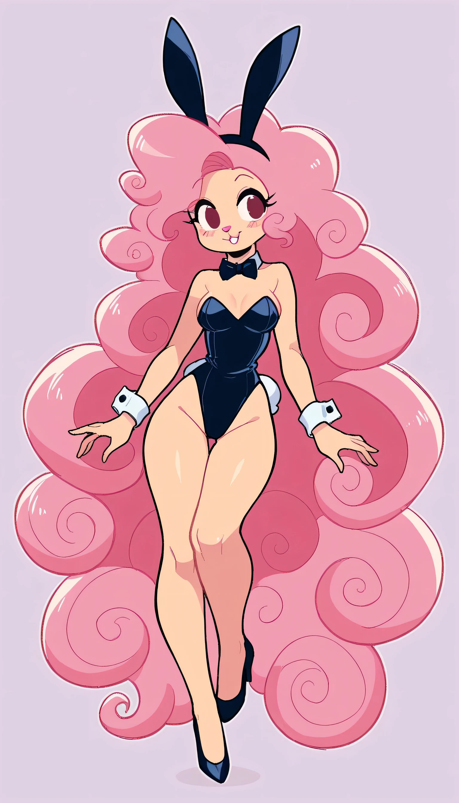 better quality, very detailed illustration , , ( Anthropomorphic furry rabbit:1,7), ruffled voluminous bouncy hair , rabbit ears, playful look, delgado, ideal body, thin waist , wide hips, simple drawing, Artifyber style , pastel flat colors , beautiful, cartoon ,solo, long curly pink hair, bunnysuit, high heels, fluffy tail, seductive pose