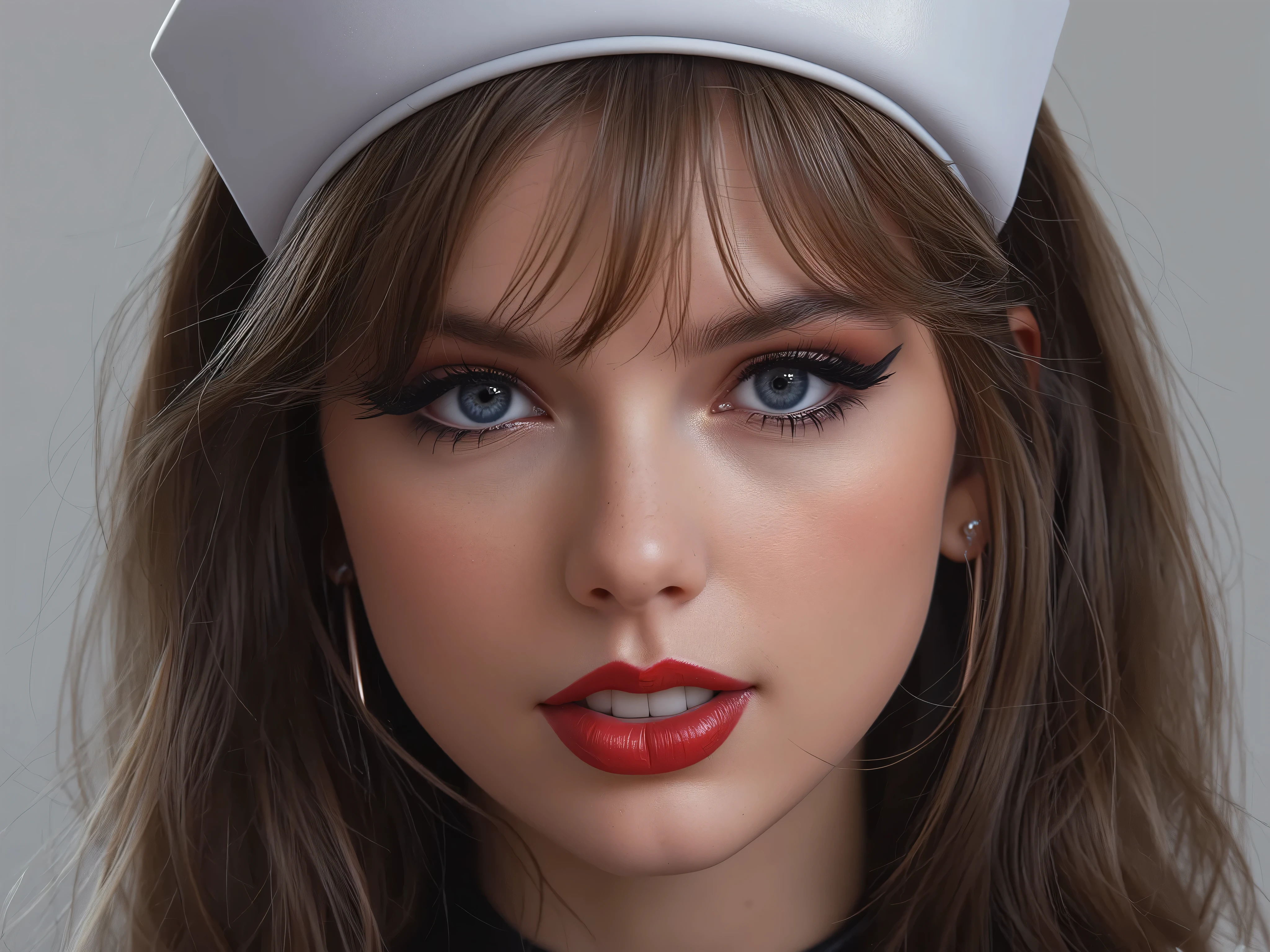 close up portrait of a nurse wearing a latex uniform, she is wearing red lip gloss, latex, kinky latex, latex choker, nurse hat, deep red lip vinyl gloss, extreme thot egirl makeup