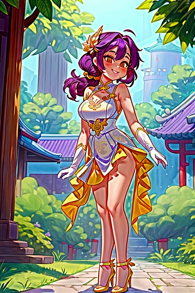 (Masterpiece, best quality), 1 girl, purple hair, orange eyes, standing outdoors with intricate details and sunlight chinese town, white frilled dress with short neckline, yellow heels, lilac gloves,  pose, smile, beautiful legs, mature body, gorgeous, pronounced .