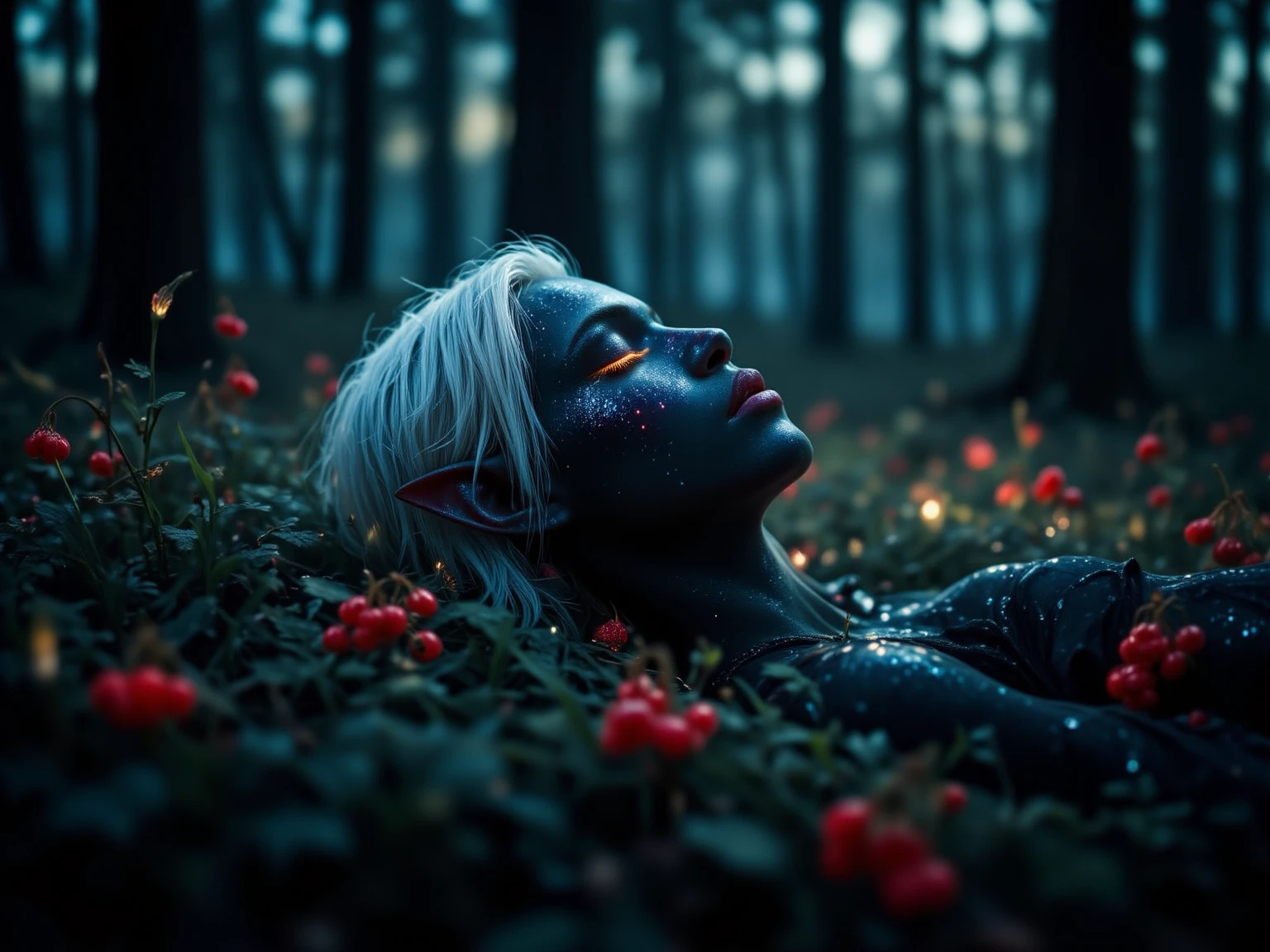 Hyperrealistic digital painting of a dark elf with ebony skin, lounging in an evening forest, snow-white hair cascading over sharp elven ears, eyes closed with a serene spiritual aura, nestled amidst a blanket of grass punctuated by clusters of bright red belladonna berries, soft volumetric lighting filtering through the canopy above creating a cinematic atmosphere, ultra-HD, vivid colors, pen and ink techniques. vibrant colors, ultra clear, high detail, with dramatic lighting that enhances breathtaking quality of masterpiece