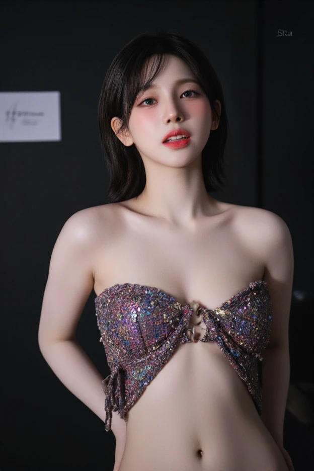 masterpiece,ultra detailed,seductive female(frilled white micro tube top,pubic hair:1.3),high-heels,wetty pussy,gigantic breasts,look at viewer,,(black straight hair:1.2),27 years old,(tareme:1.4),(curvy mature female:1.3),beautiful round face,sweaty,,(at nightclub,danceclub,sparkle light:1.3),(smile),,(sitting spreading legs),(thick thighs:1.2),