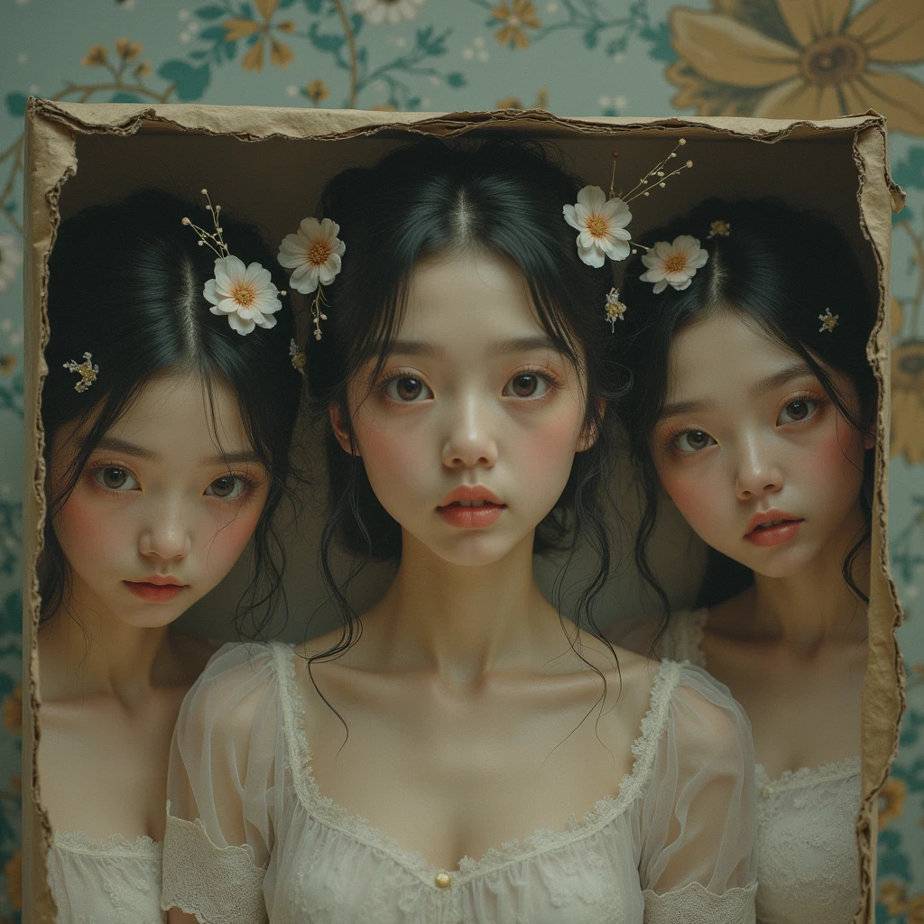 (Only faces and flowers in composition:1.5), (masterpiece, top quality, Surrealism, concept art, beautiful and aesthetic:1.2), (3 girls), (((Extremely detailed NOGIZAKA face variations))), All Faces surrounded by flowers, Ultra-detailed,(colorful:1.1),(Dancing petals:1.2), (Dazzling Self-Luminous floral background:1.4), (Radiant PearlSkin, Elaborate detailed Eyes with sparkling highlights), (many colors:1.4), (Space Filled with all flowers), (Everything except faces covered with fresh flowers:1.5), (not visible bodys), (body:-1) .