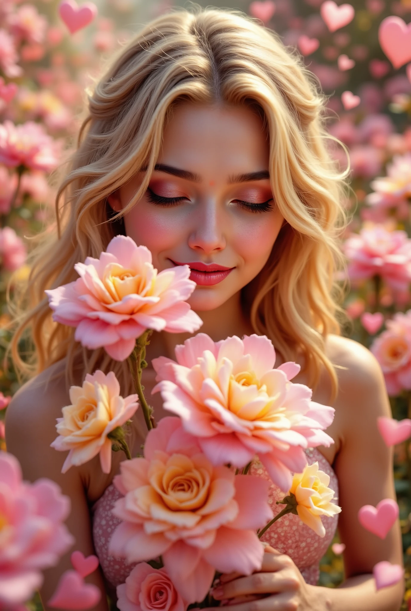Lovely beloved girl blond hair with a bouquet of delicate flowers, smile on her face against cute hearts throughout the image, masterpiece, 8 k, Best quality, complicated details, maximum number of details , perfect picture , very clear , movie style , love you,