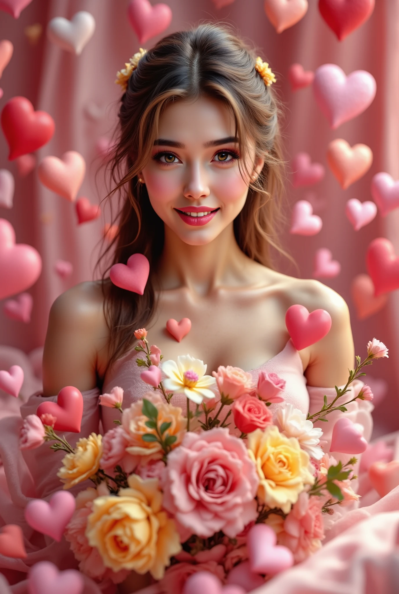 Beautiful girlfriend with a bouquet of delicate flowers , smile on her face against cute hearts throughout the image, masterpiece, 8 k, Best quality, complicated details, maximum number of details , perfect picture , very clear , movie style ,